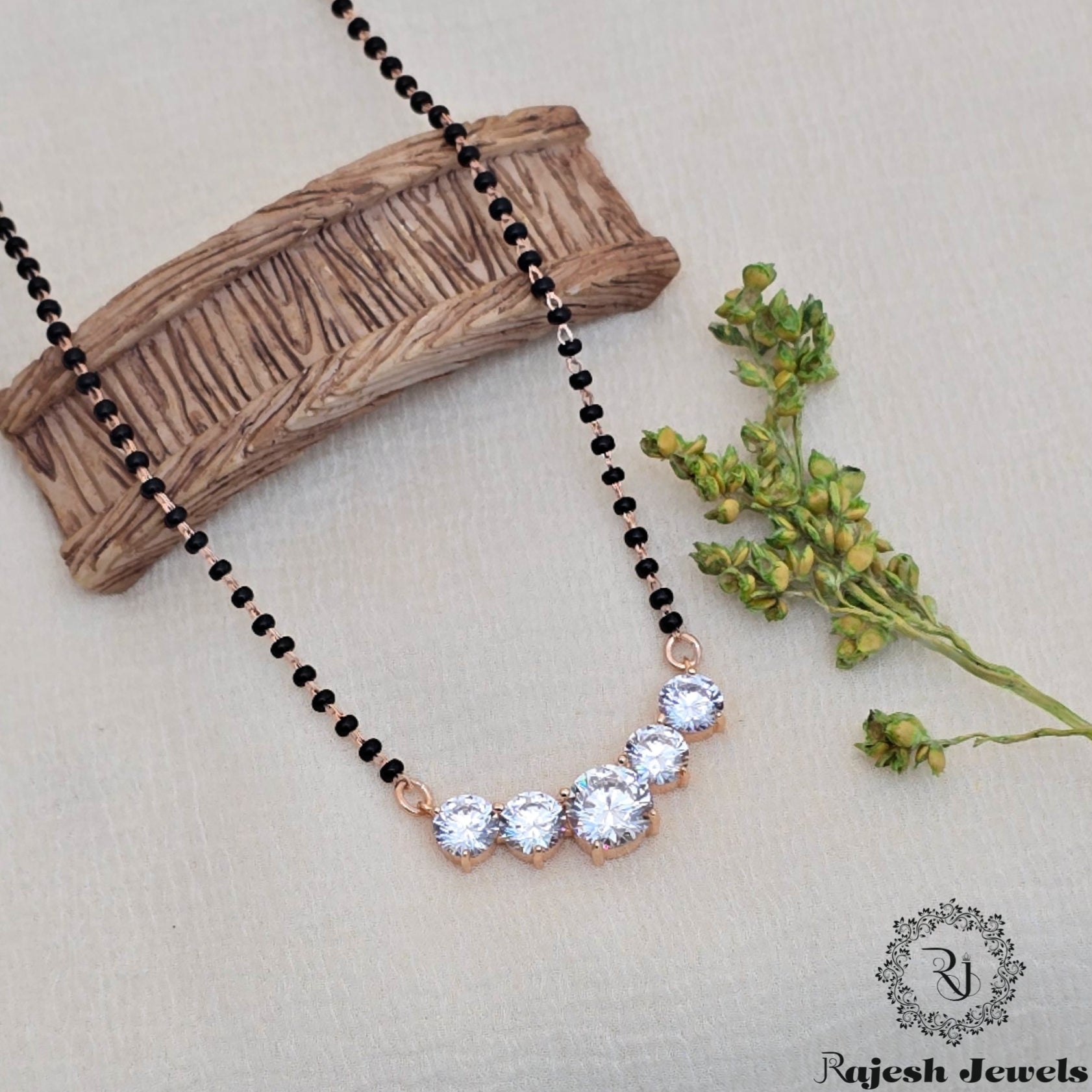 Shimmering Cz Silver Rosegold Blackbead Mangalsutra