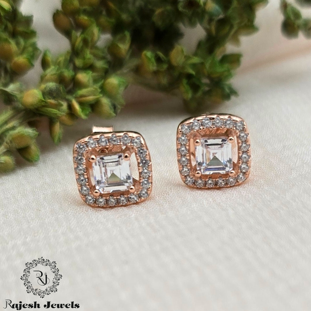 Squared Halo Cz Rosegold Stud Earrings