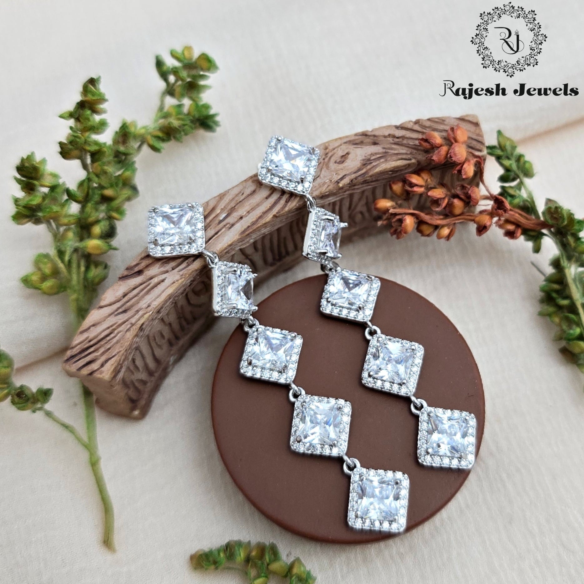 Sequenced Squared Cz Silver Hanging Earrings