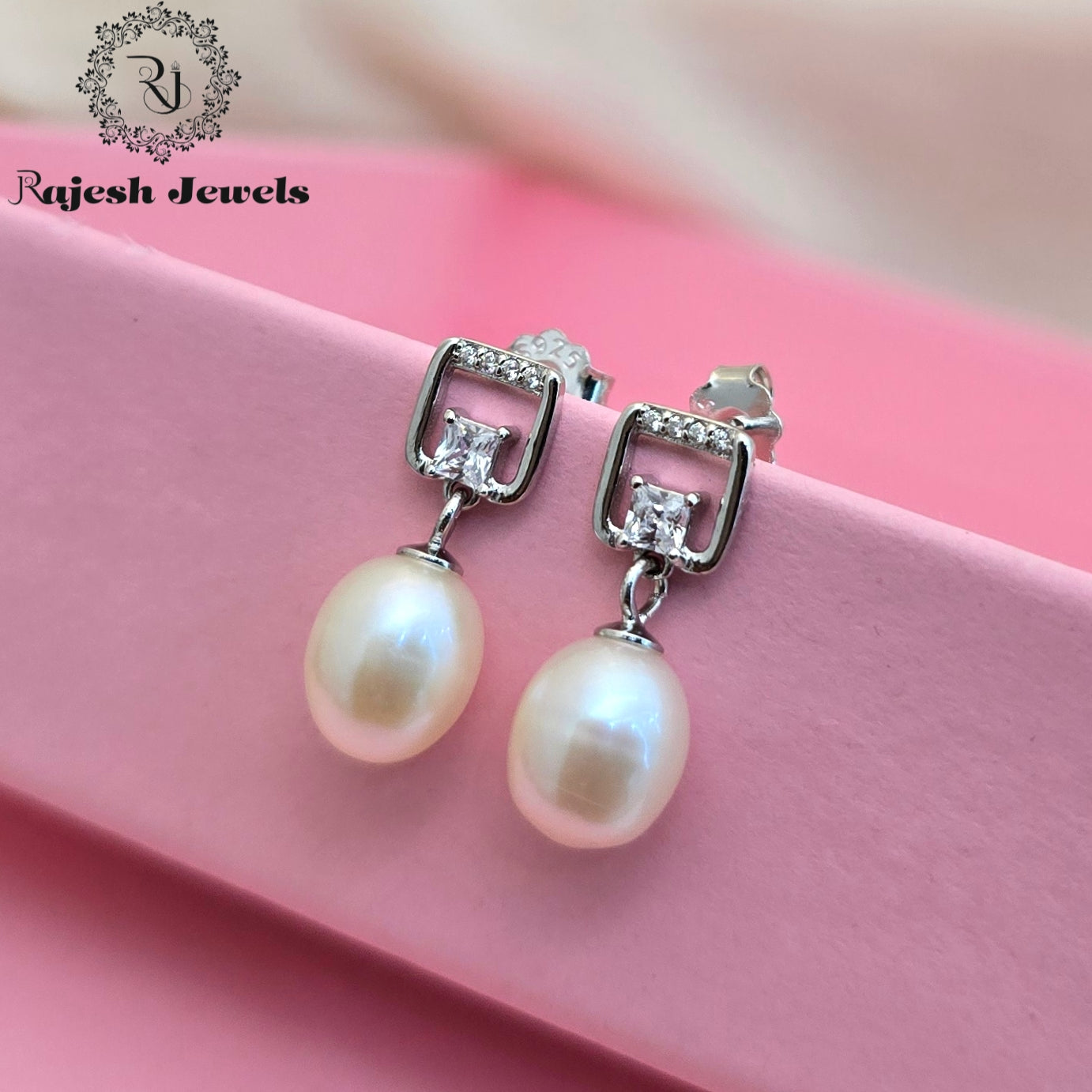 Squared Cz Pearl Hanging Earrings
