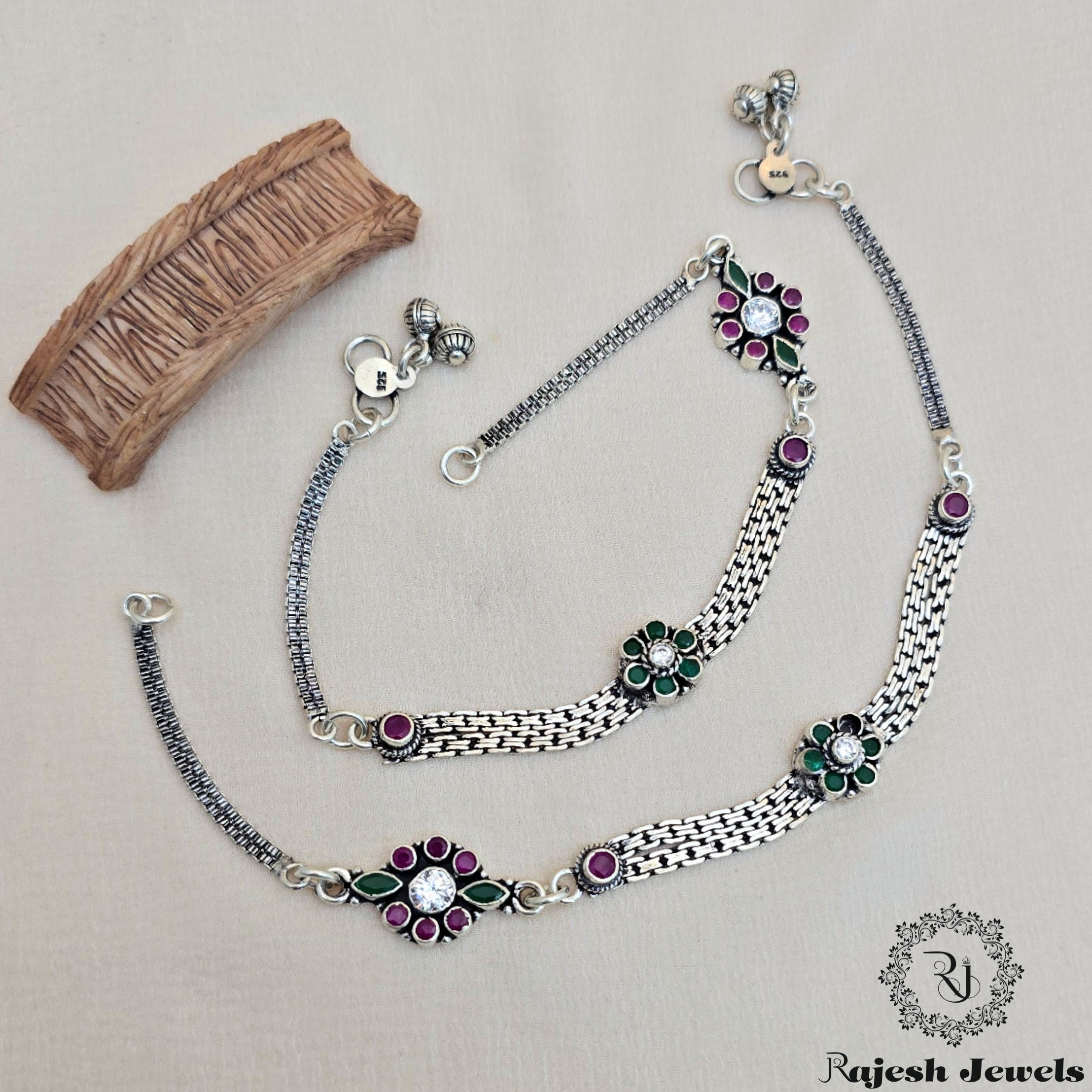Artistic Silver Oxidised CutStone Anklet