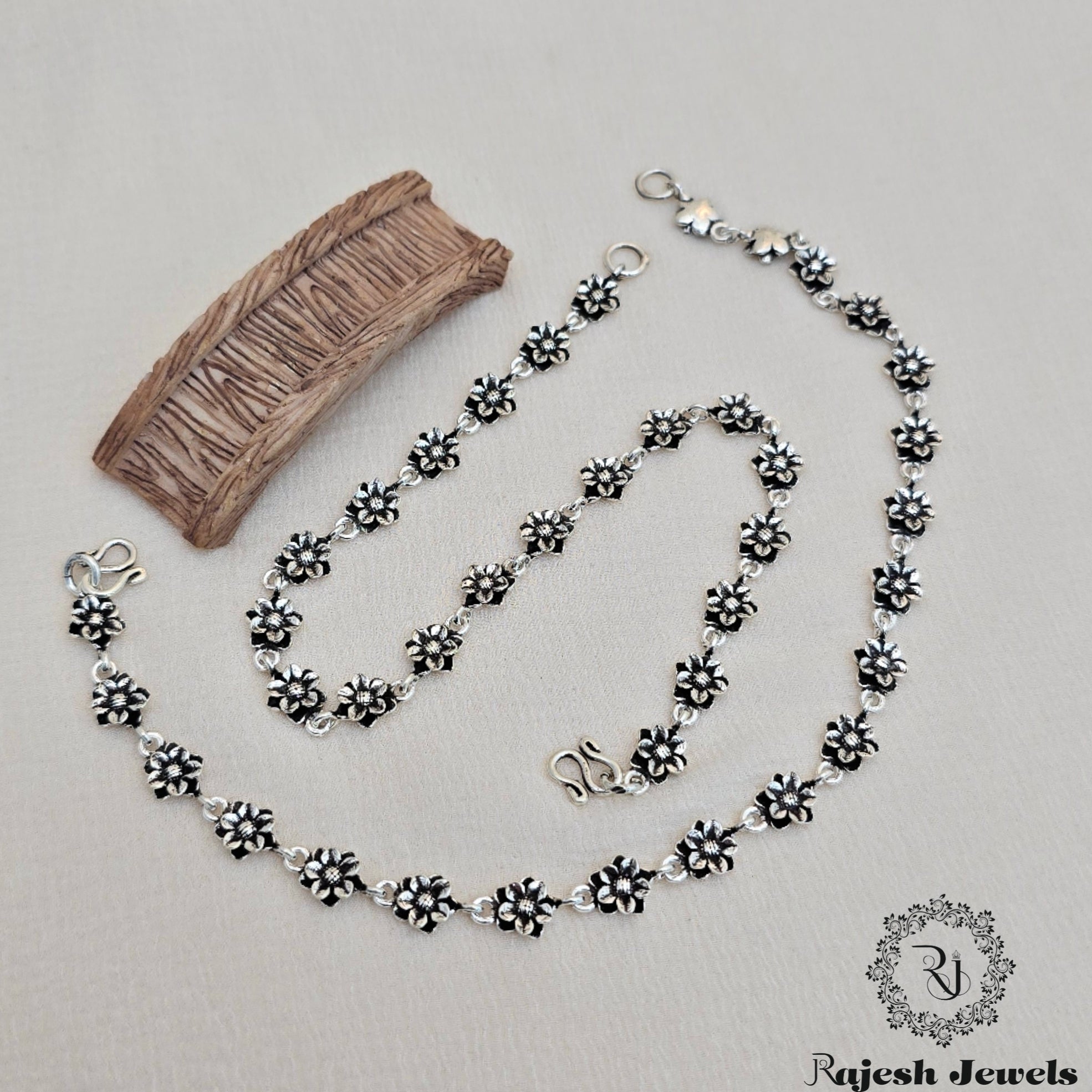 Floral Silver Oxidised Anklet