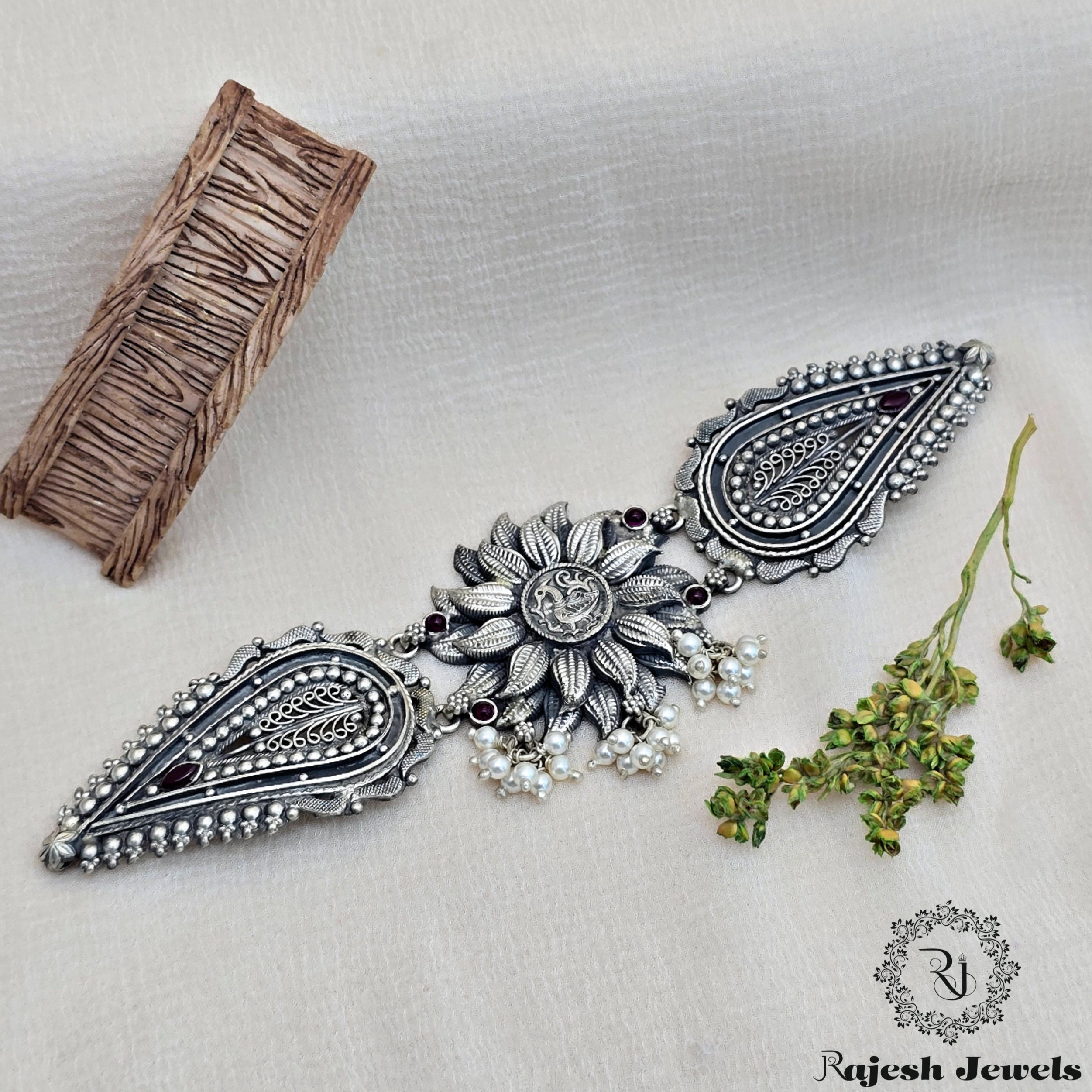 Enchanting Floral Silver Oxidised Neckpiece