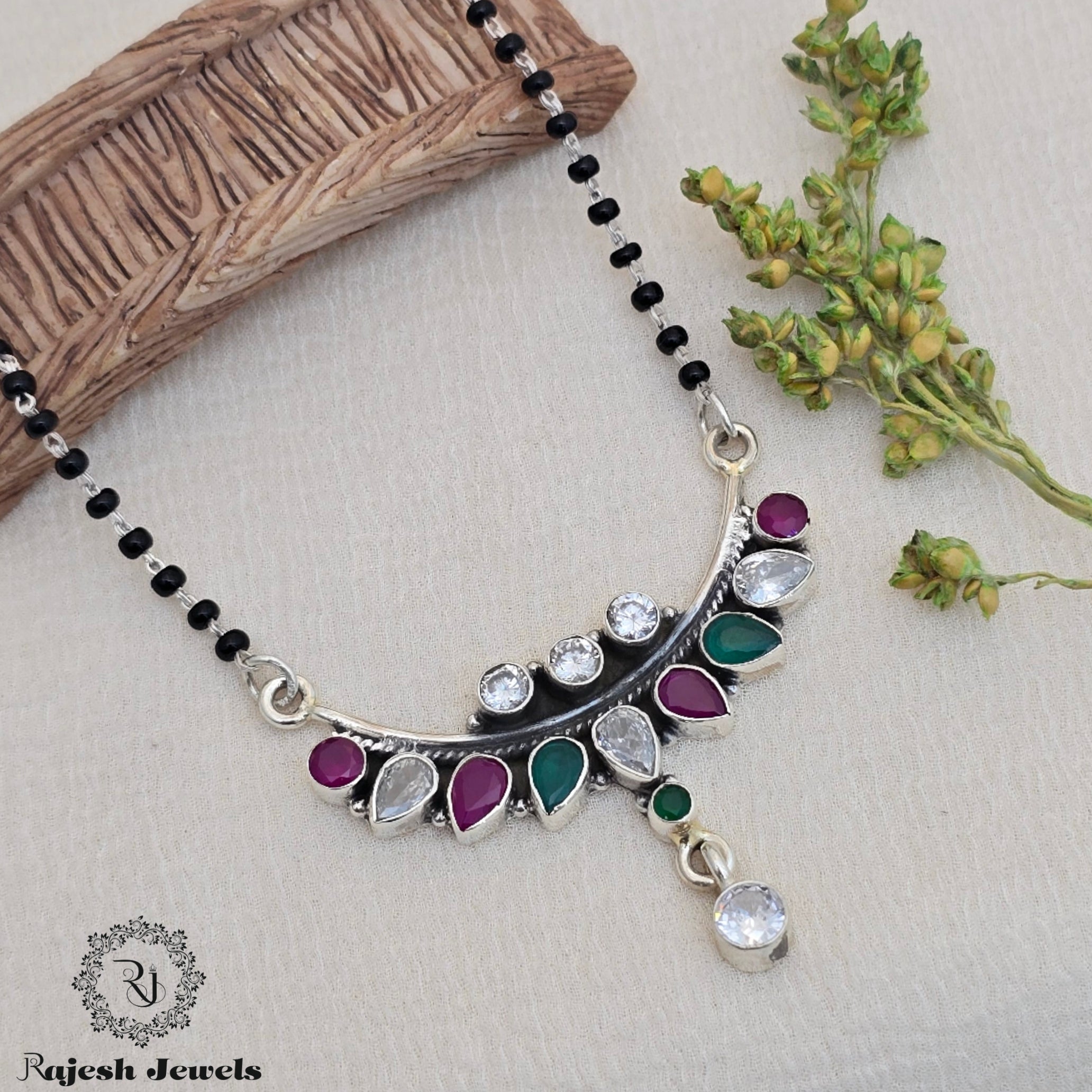 Multicoloured Silver Cutstone Mangalsutra