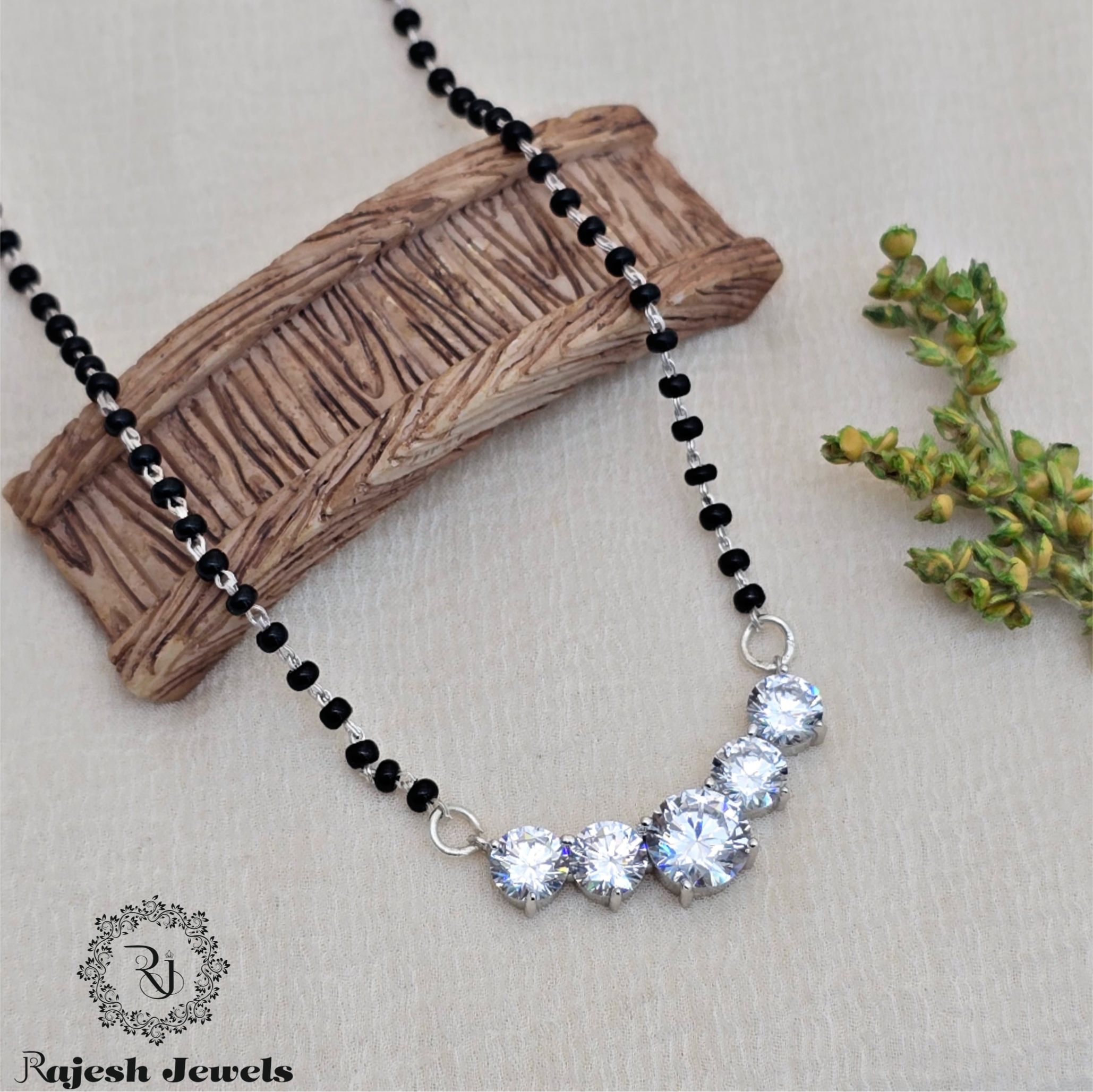 Attractive Cz Silver Cutstone Blackbead Mangalsutra