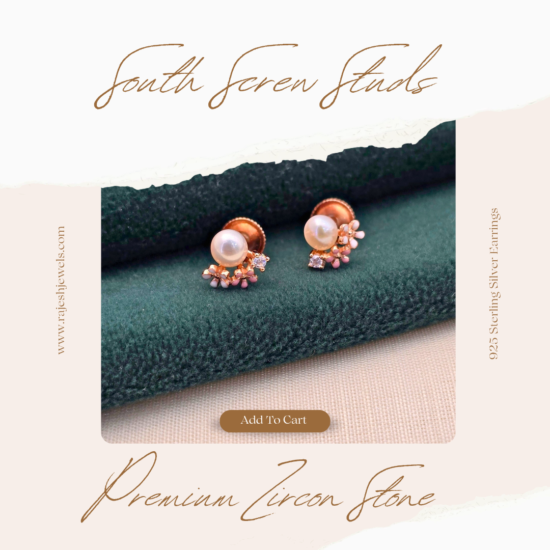 Pearl Rosegold Cz South Screw Stud Earrings