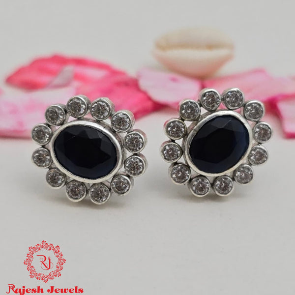 Oval Blue Oxidised Stud Earrings