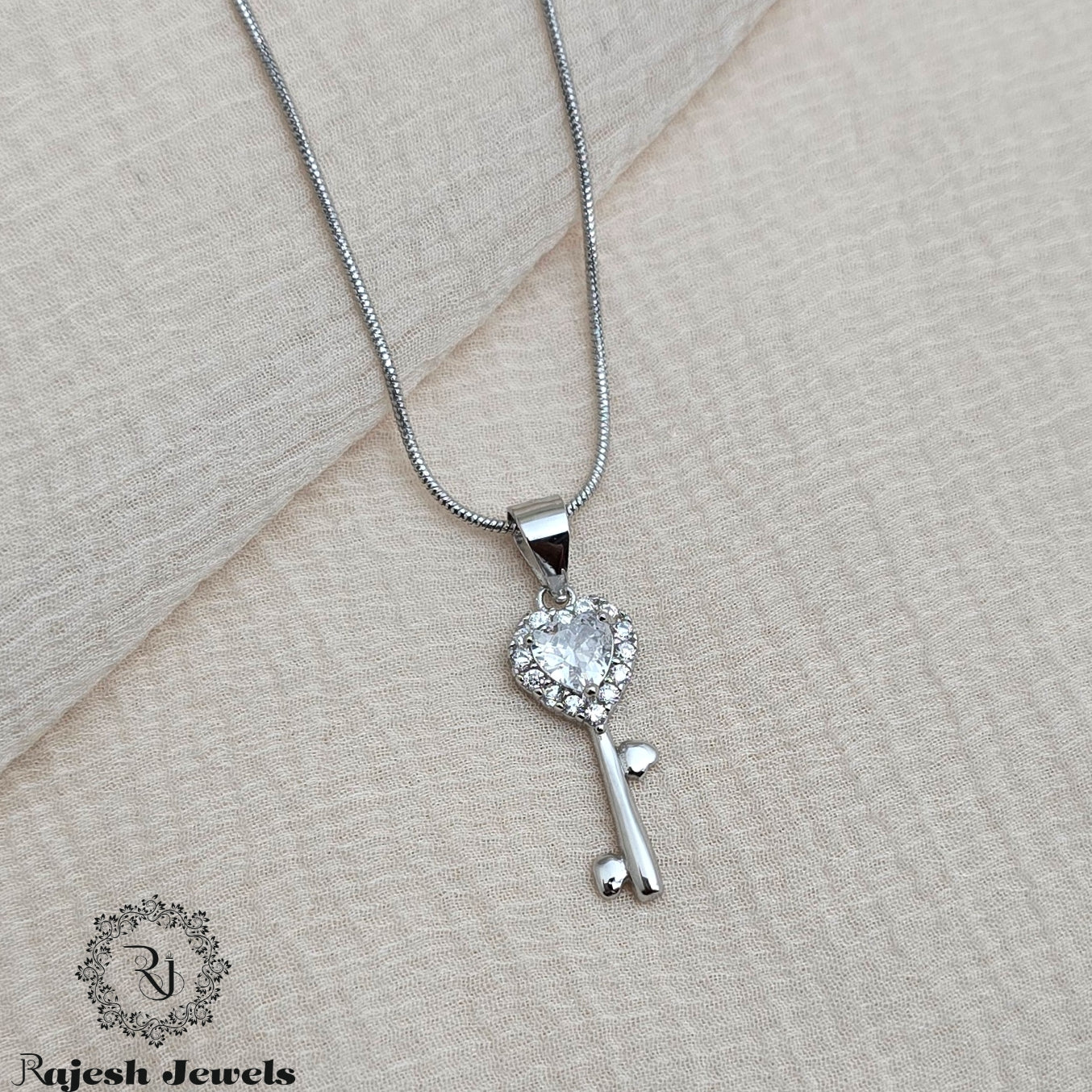 Key Of Heart Cz Pendant & Chain