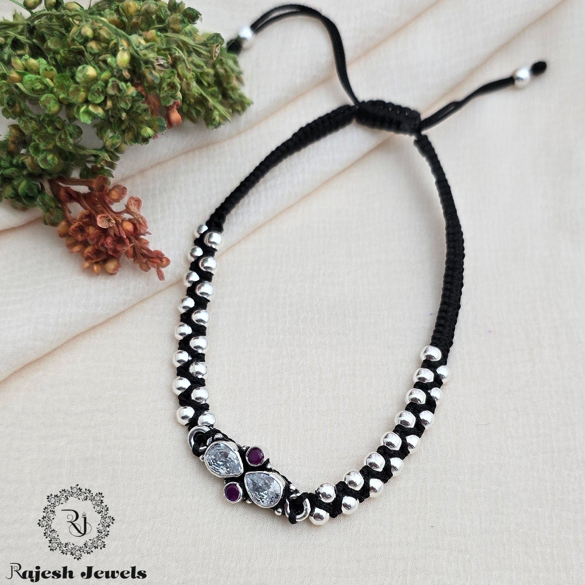 Fascinating Balled Cutstone Black Theard Anklet