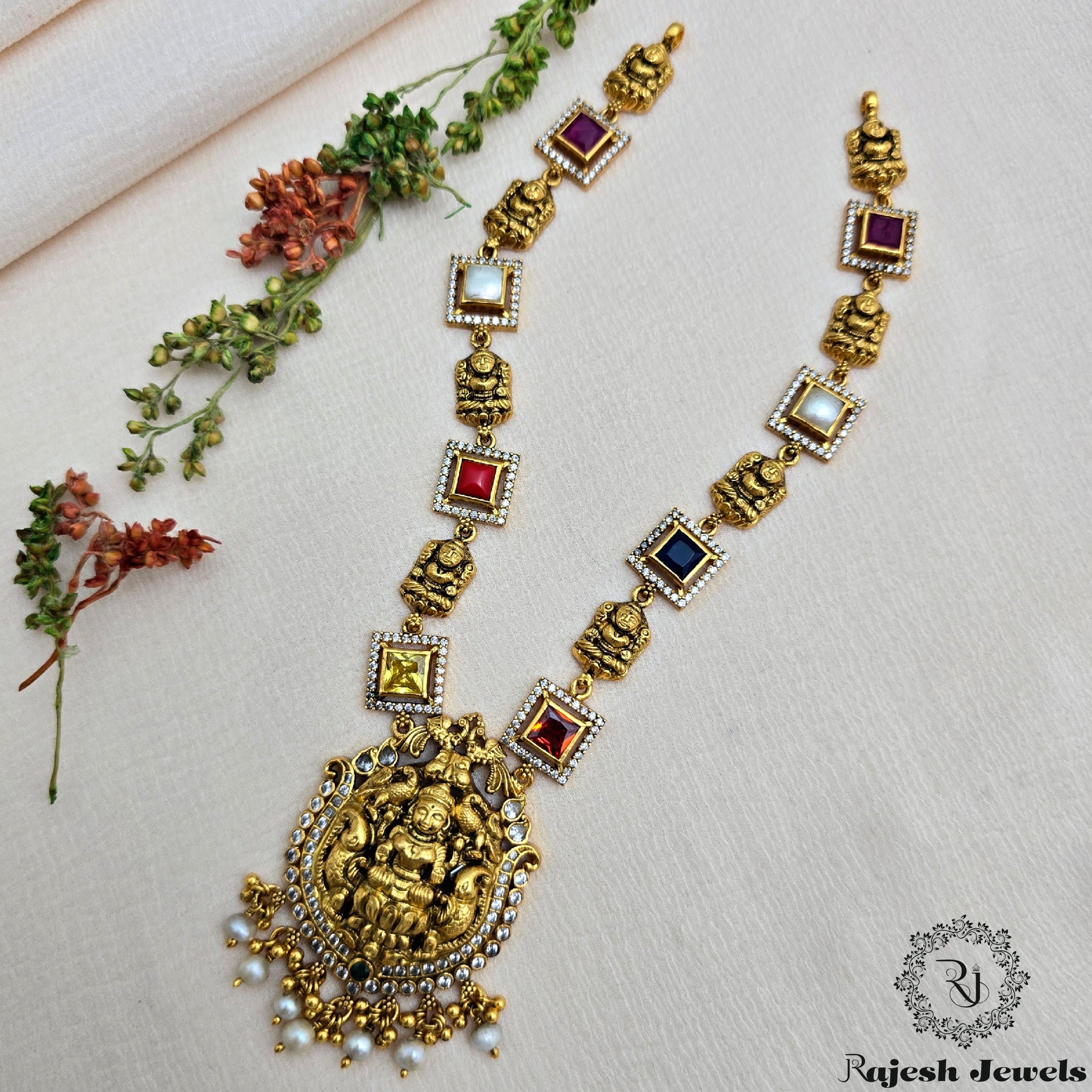Fabulous Navrathan Gold Plated Neckpiece