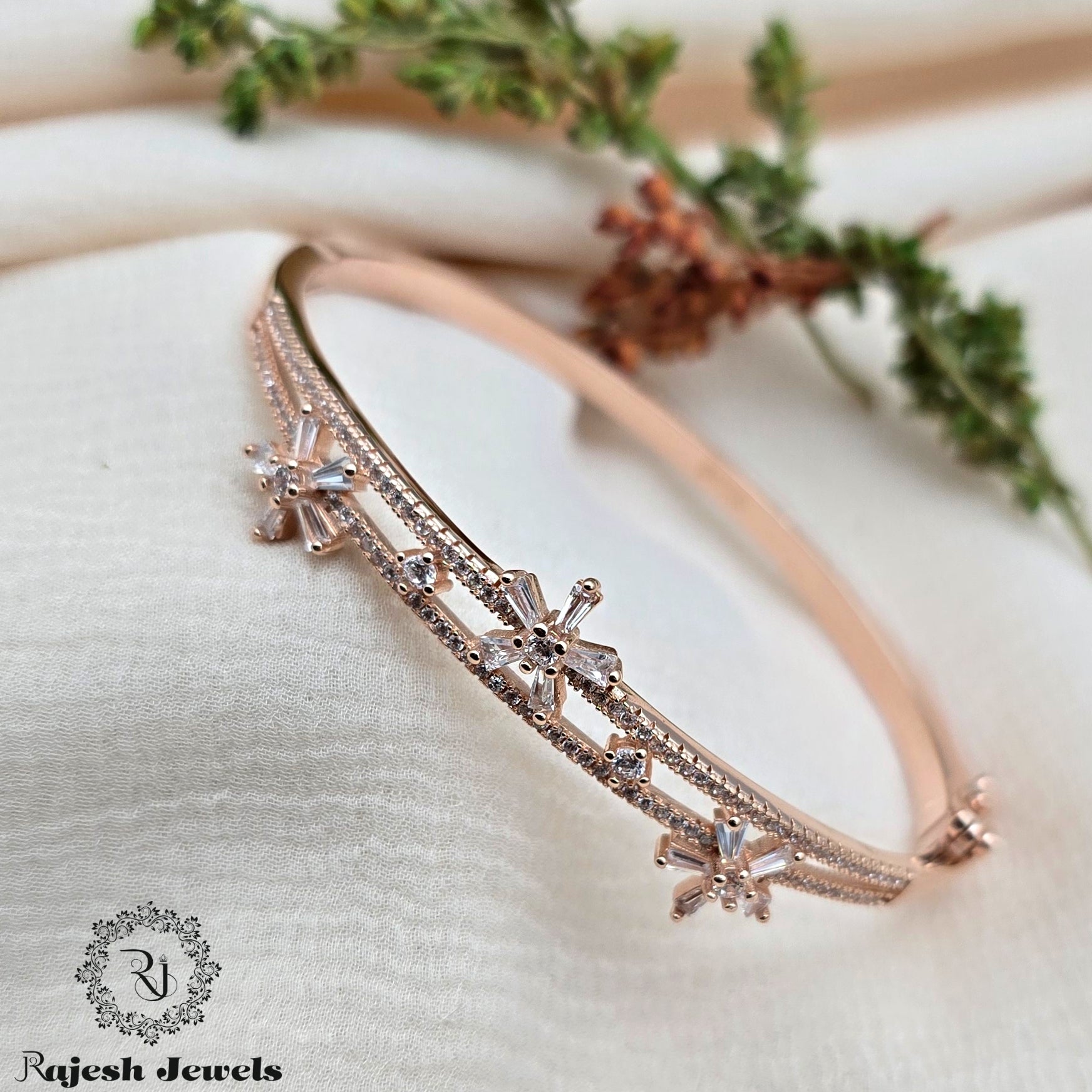 Triple Floral Cz Rosegold Hand Kada