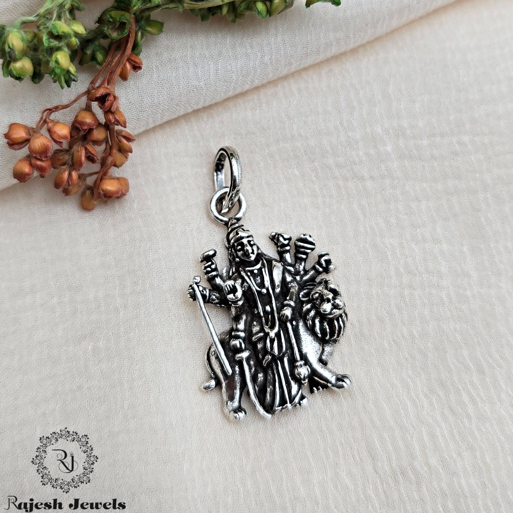 Maa Durga Silver Oxidised Pendant