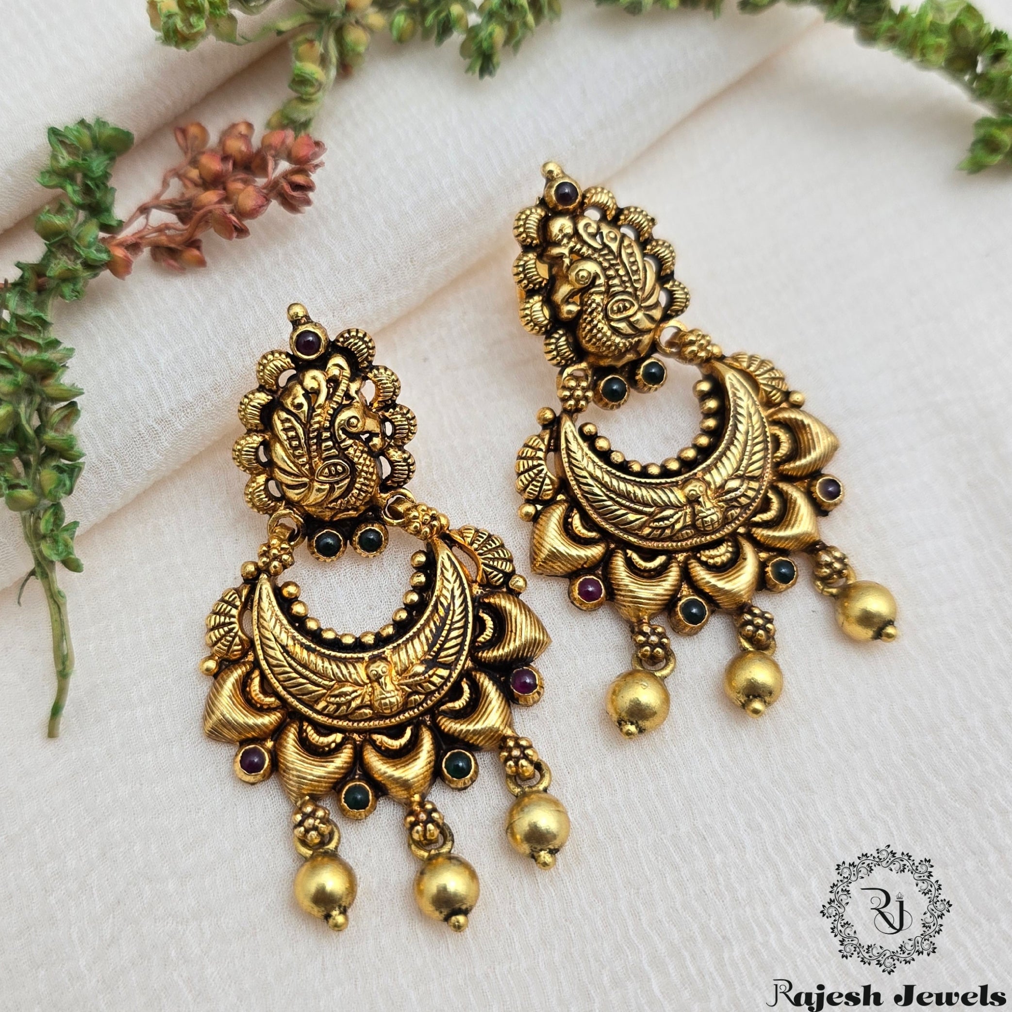 Shimmering Antique Gold Chandbali Earrings