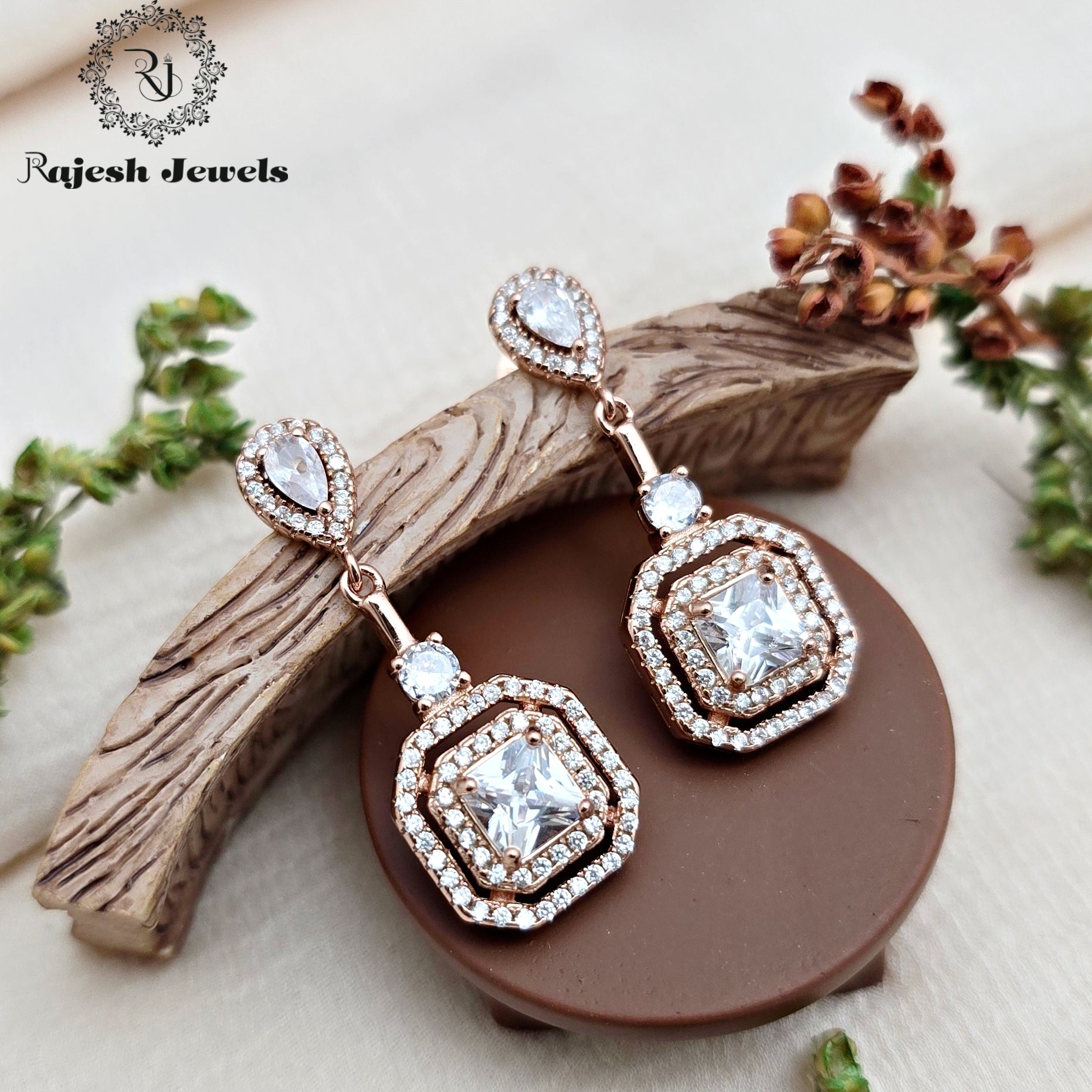 Attractive Halo Drop Rosegold Silver Earrings