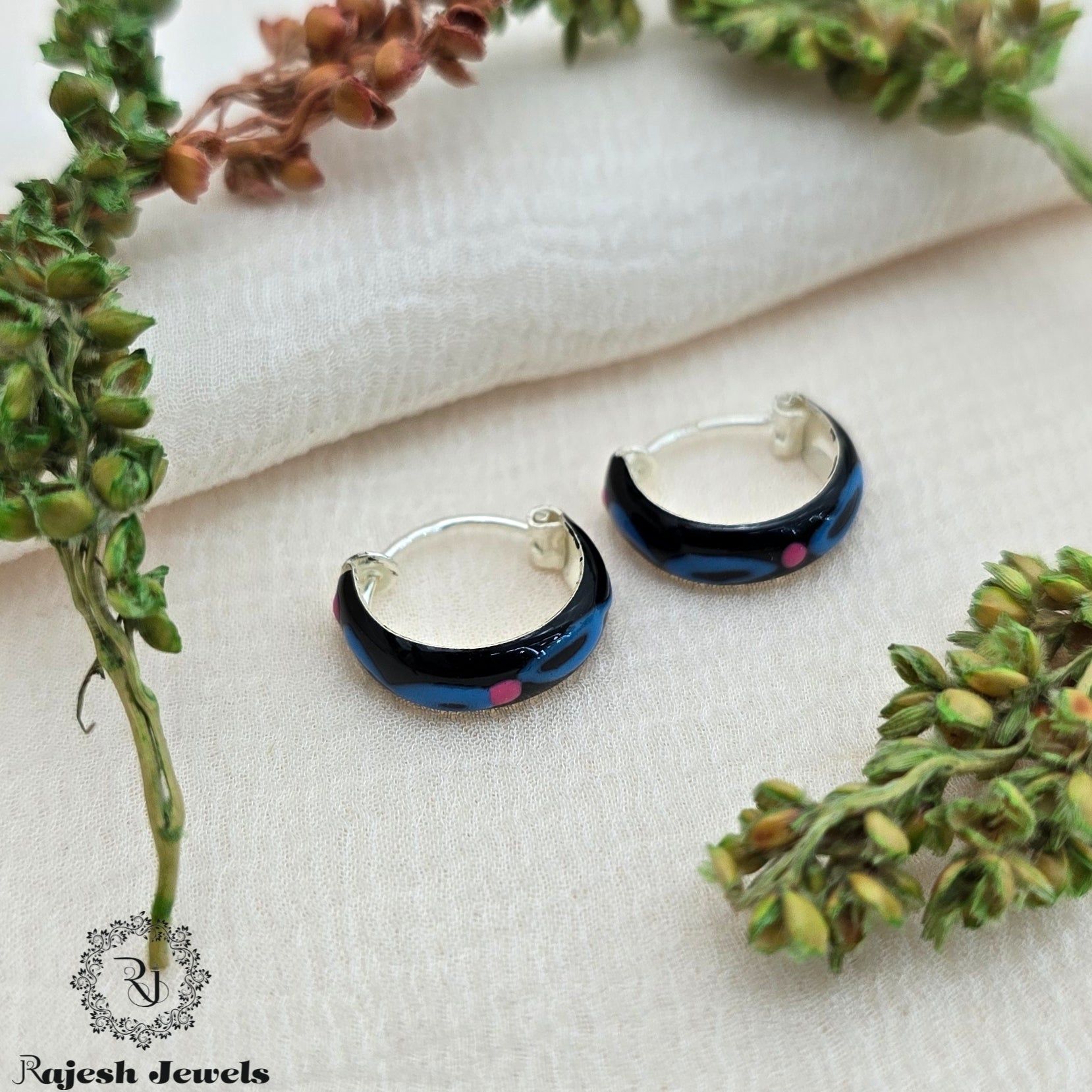 Black Enamel Bali Hoop Earrings