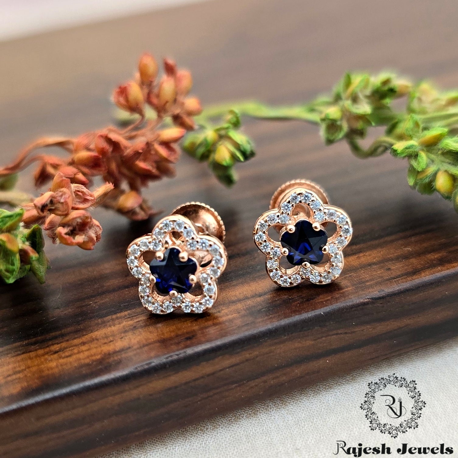 Floral Blue Cz Rosegold South Screw Stud