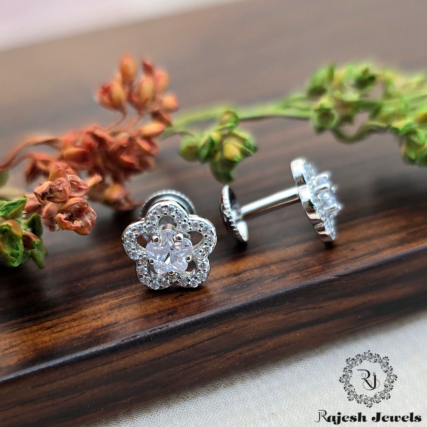 Floral White Cz Rhodium Finish Stud