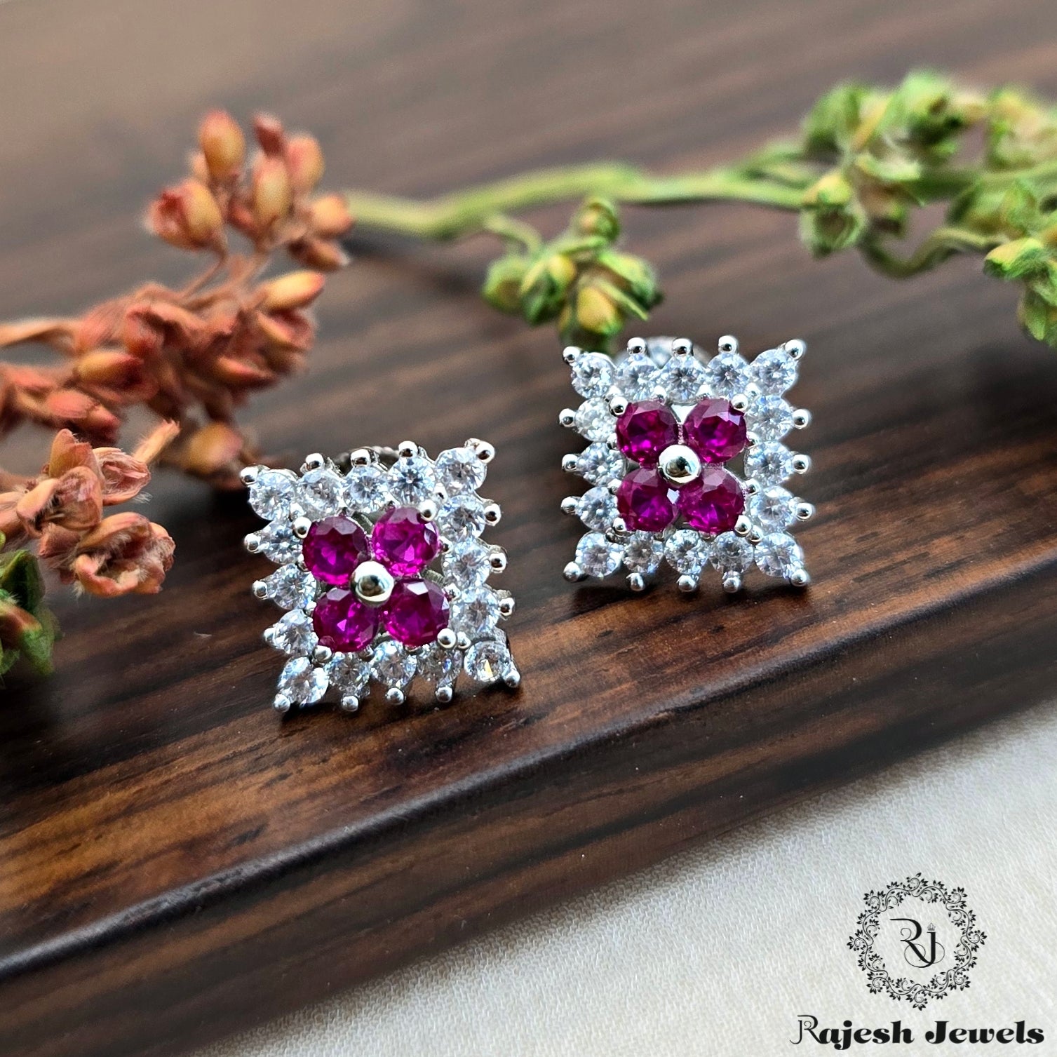 Sparkling Red Cz Rhodium Finish Stud