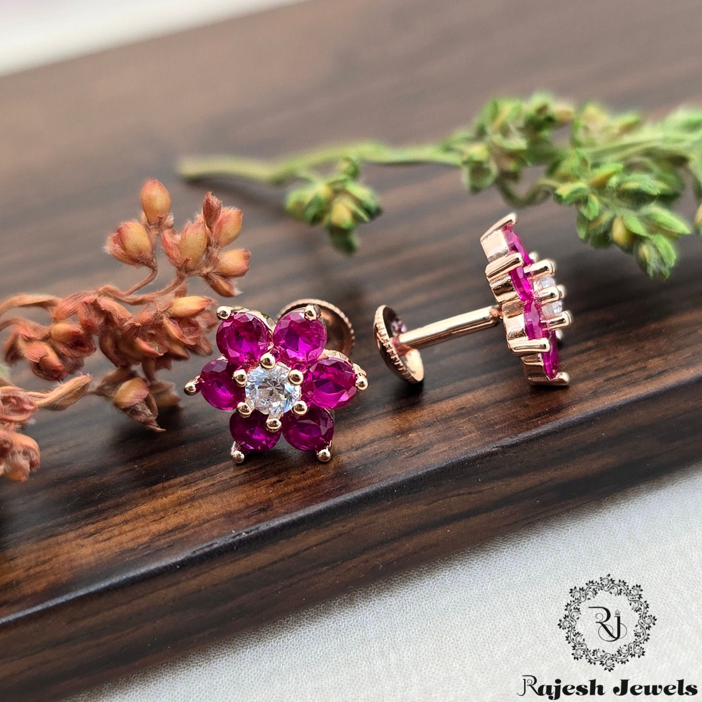 Floral Red Cz Rosegold South Screw Stud