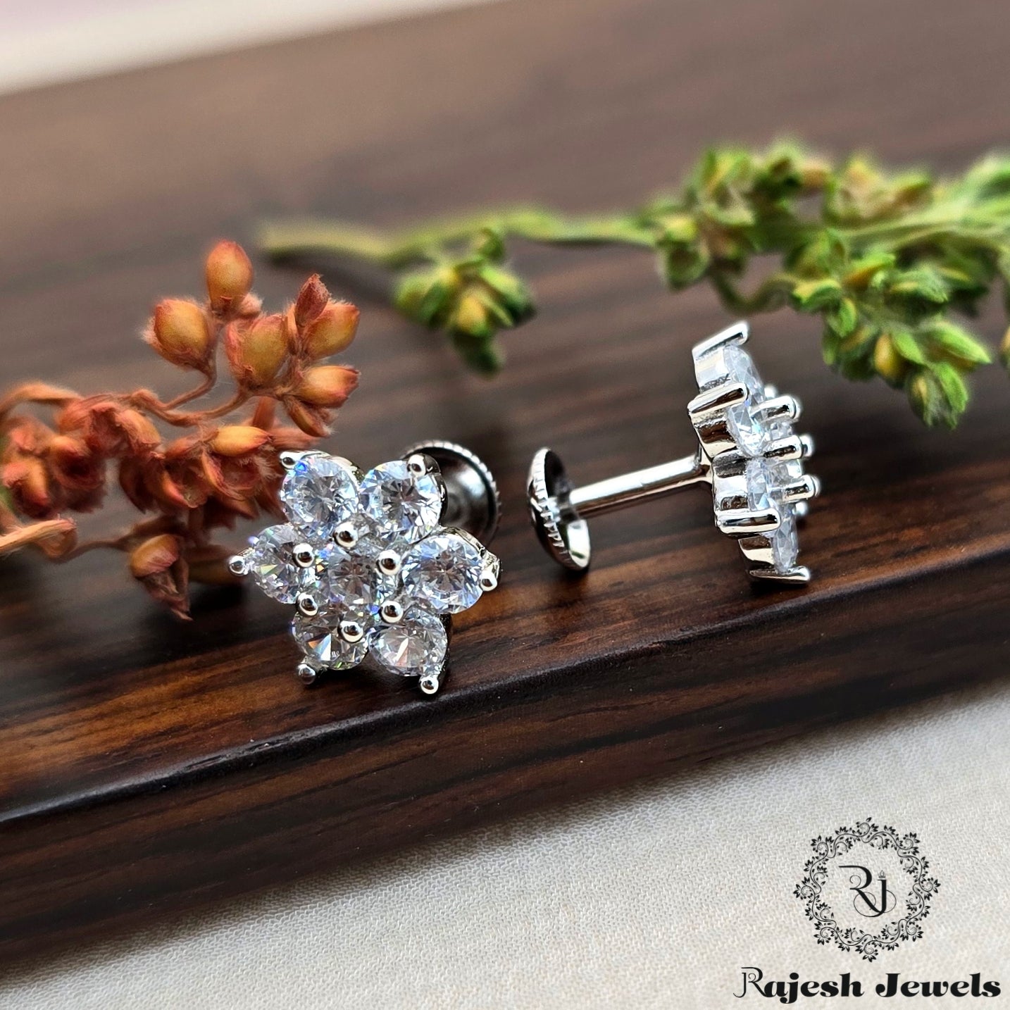 Floral white Cz Rhodium Finish Stud