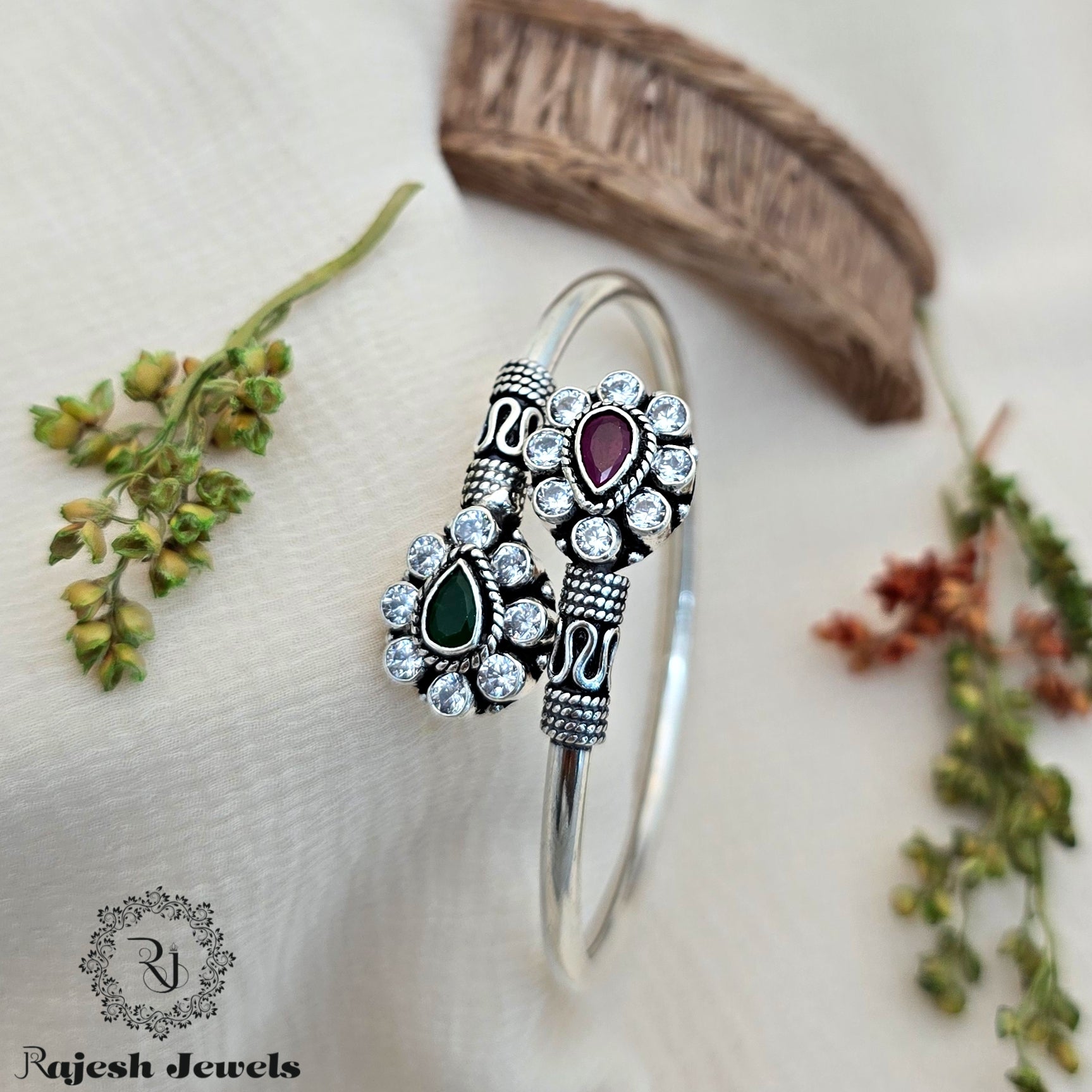 Sparkling Red Green Silver Hand Kada