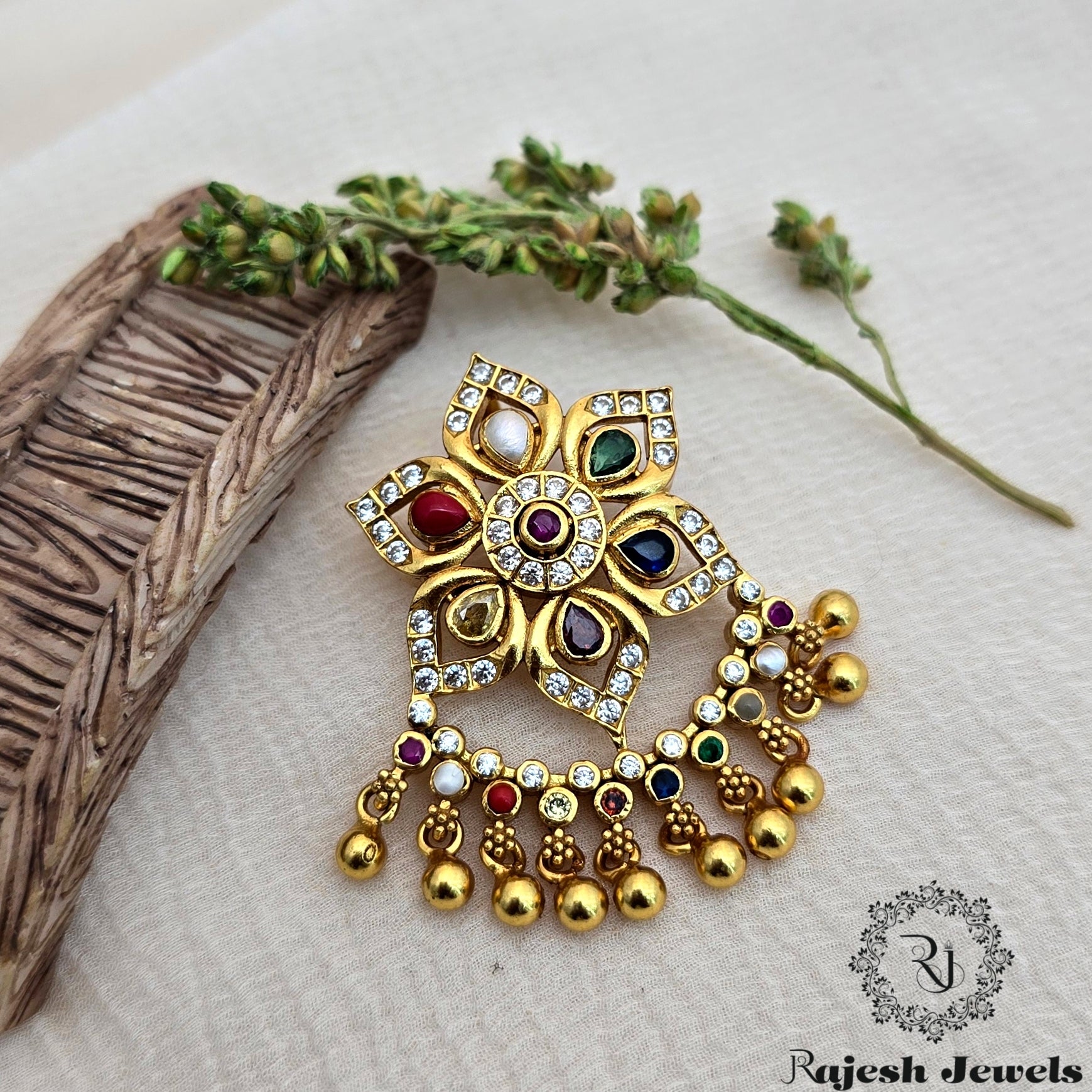 Navrathan Floral Silver Gold Plated Pendant