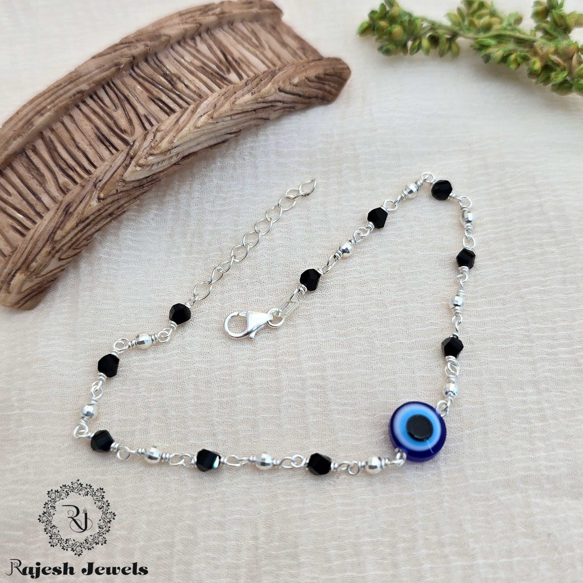 Black Beaded Evil-eye Sterling Silver Ladies Bracelet