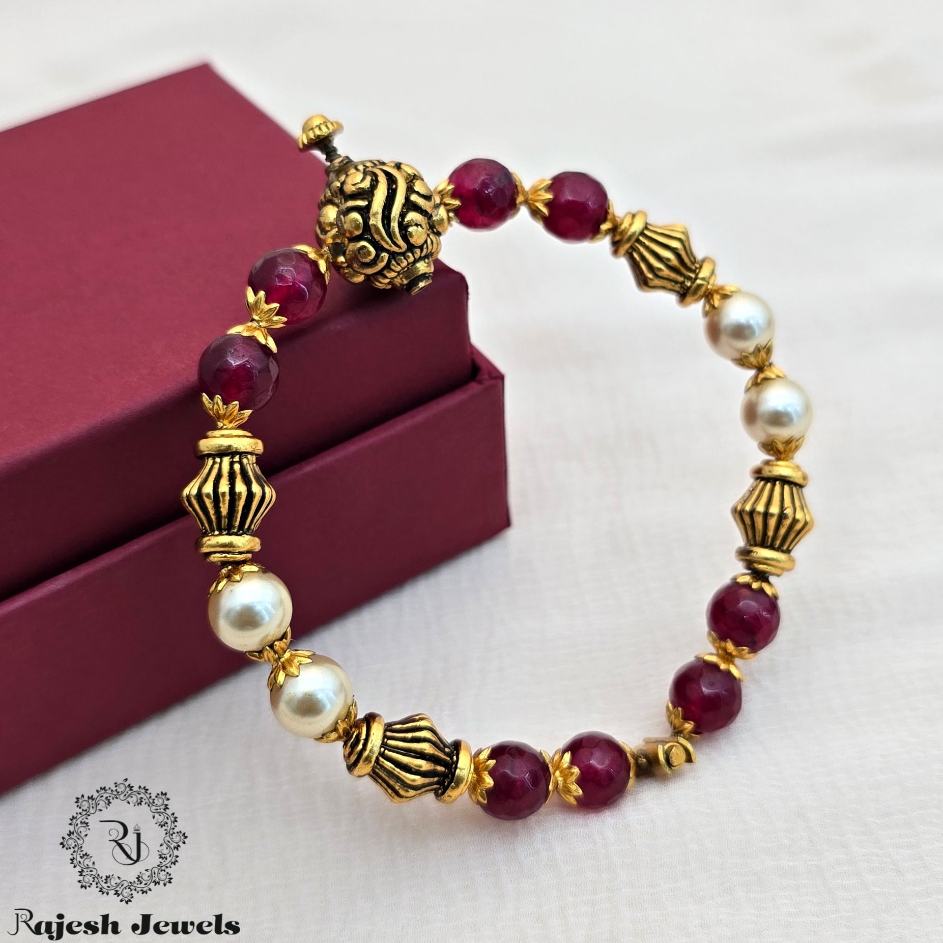 Mind-blowing Red Silver Gold Plated Hand Kada