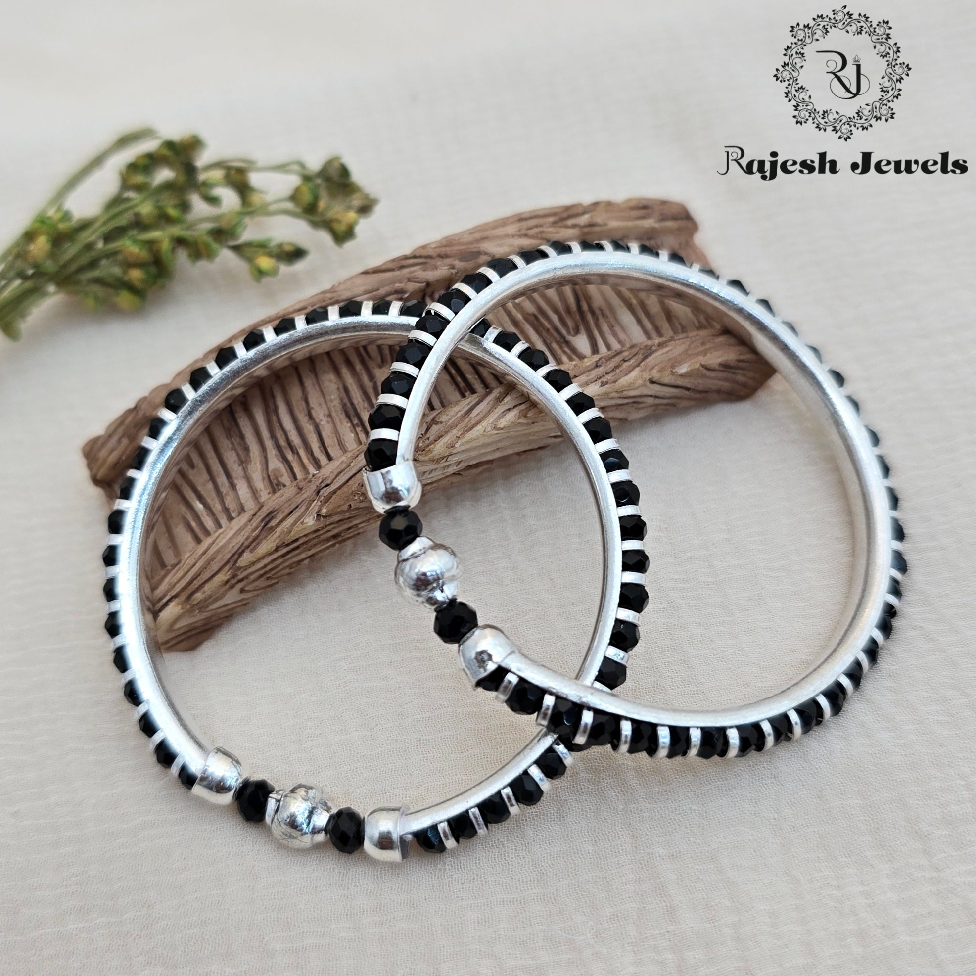 Charismatic Silver Kid's Black Beads Bangle
