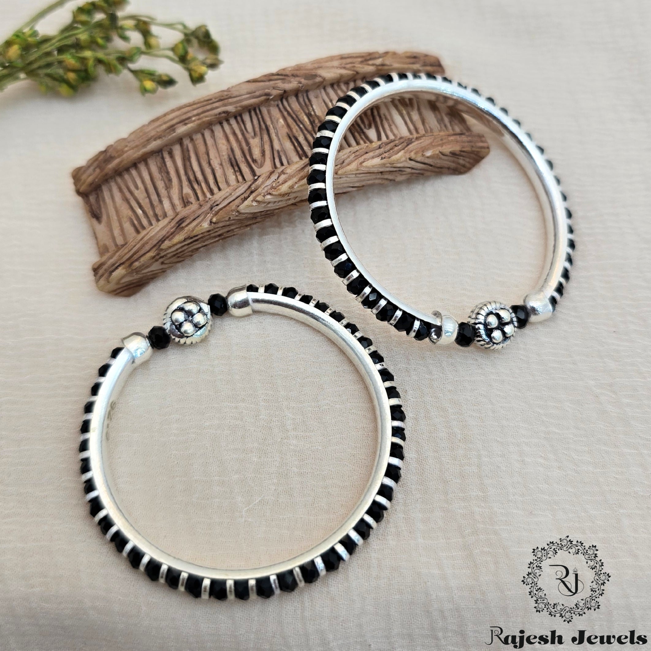 Cute Silver Kid's Black Beads Bangle