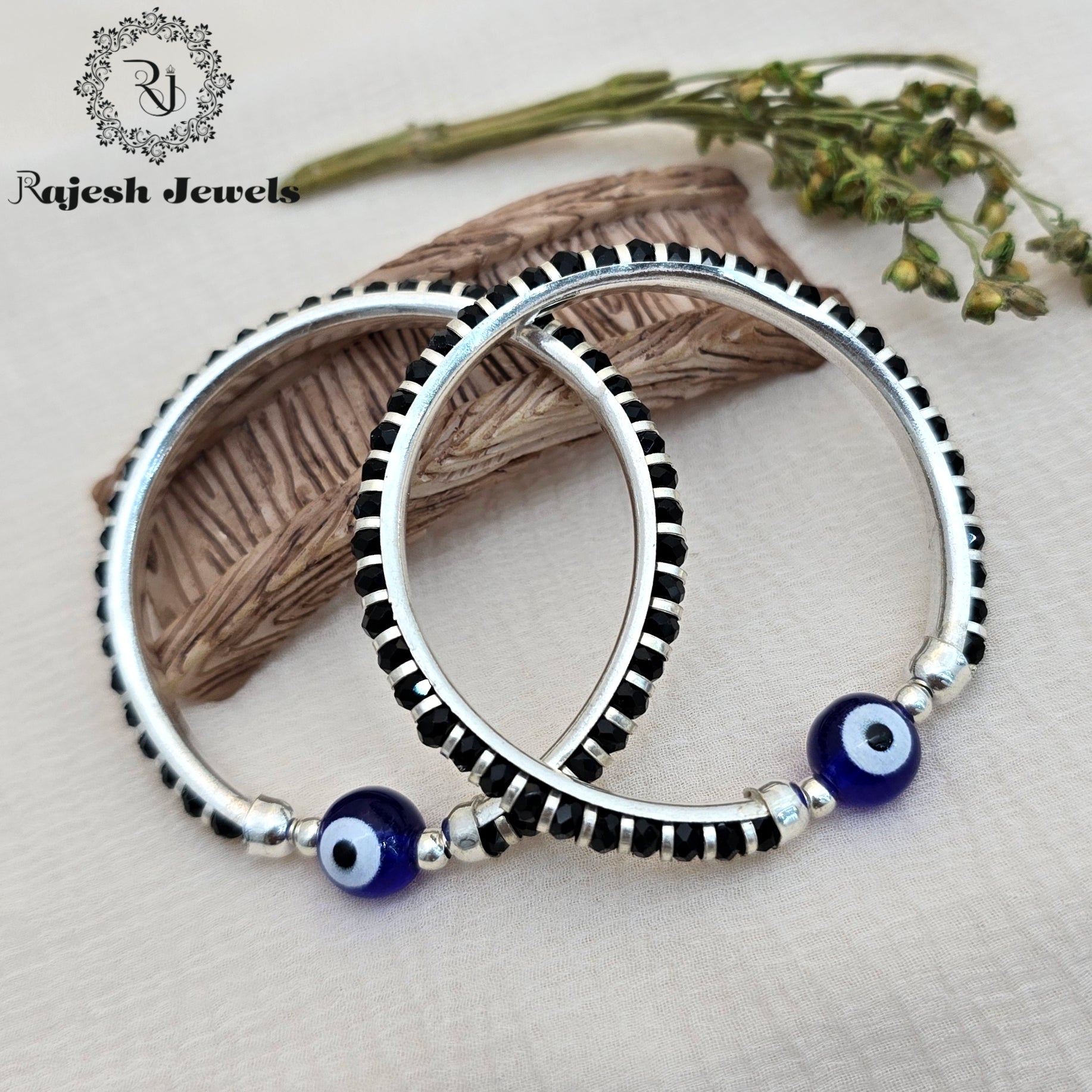 Evil-eye Silver Kid's Black Beads Bangle