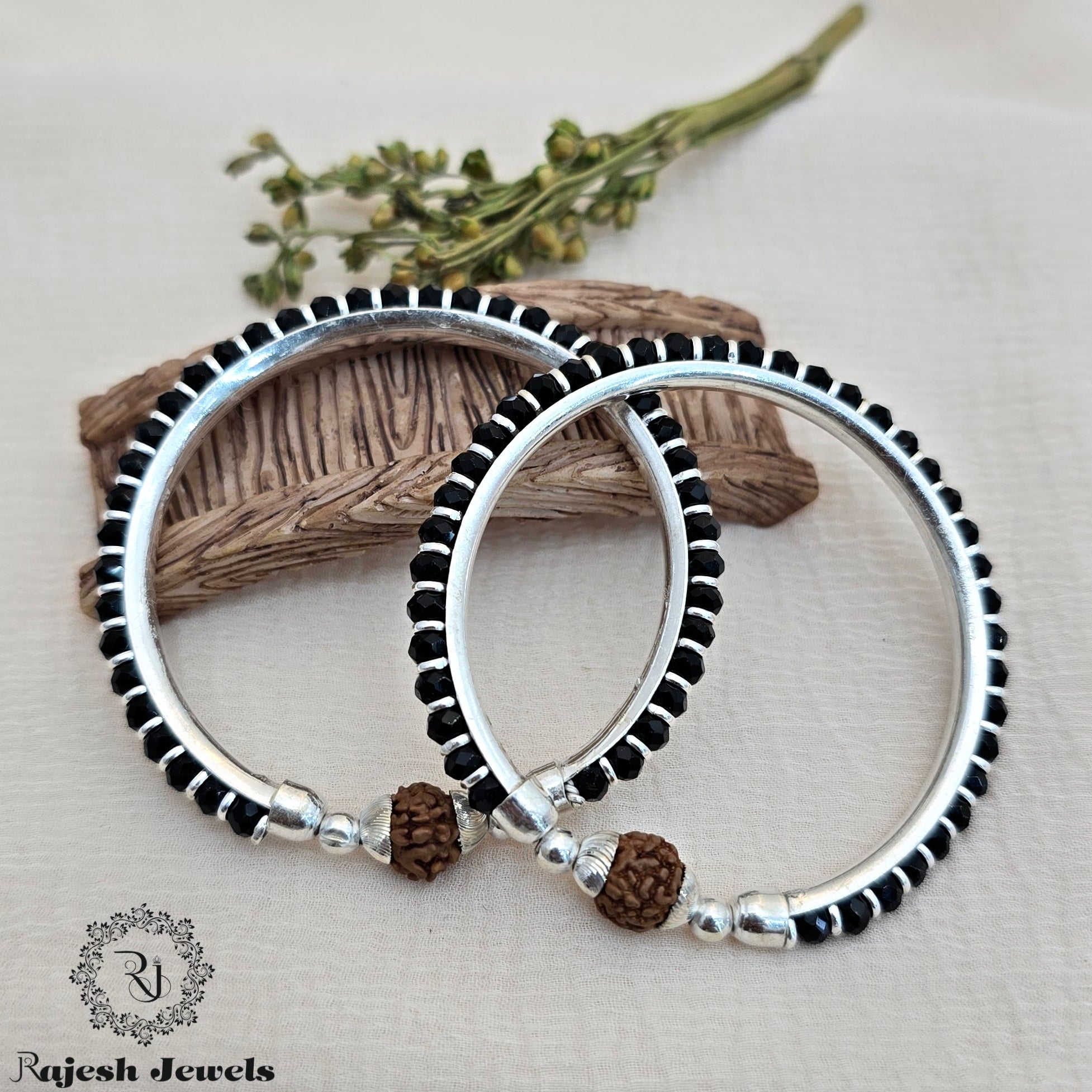 Rudrakshi Silver Kid's Black Beads Bangle