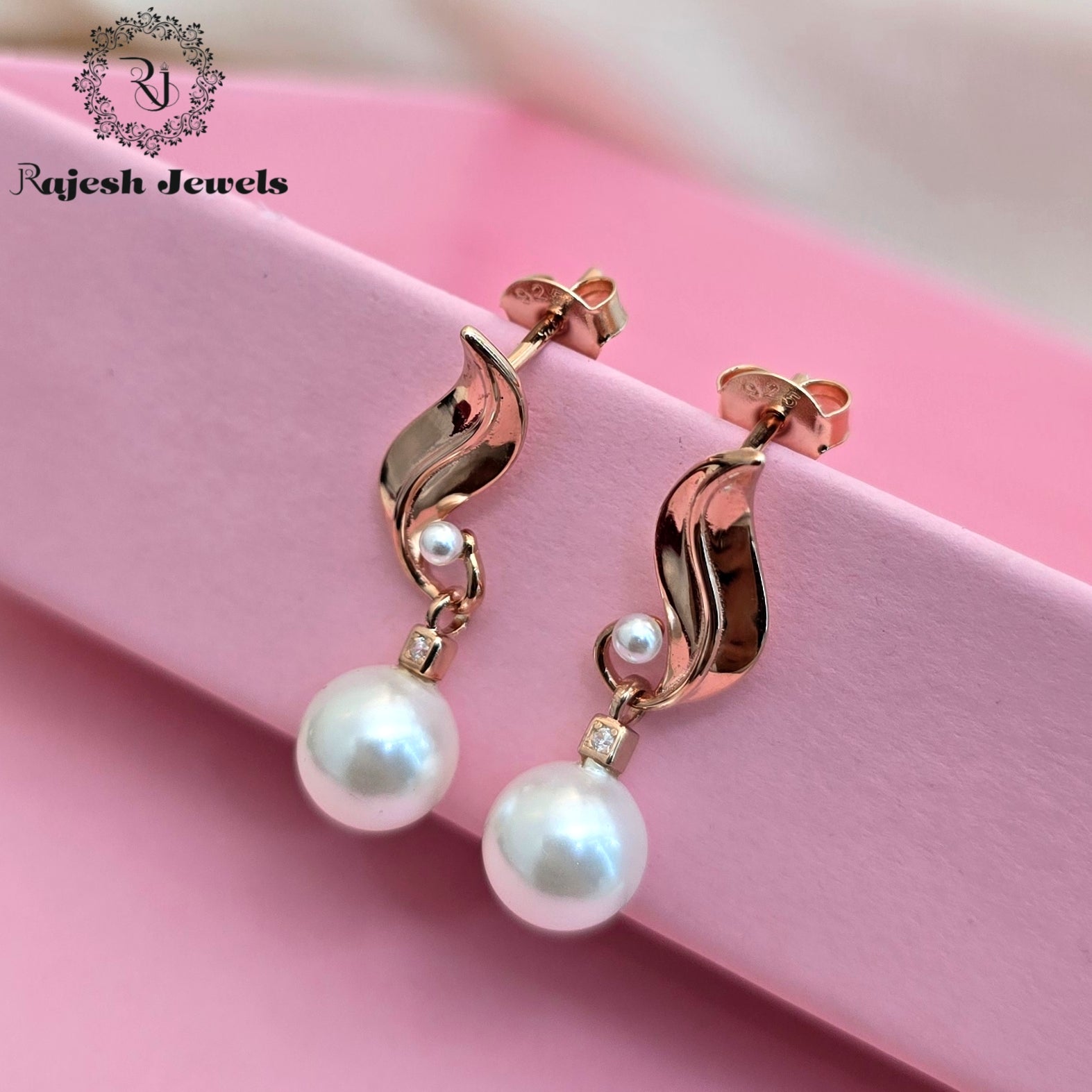 Classy Rosegold Pearl Drop Hanging Earrings