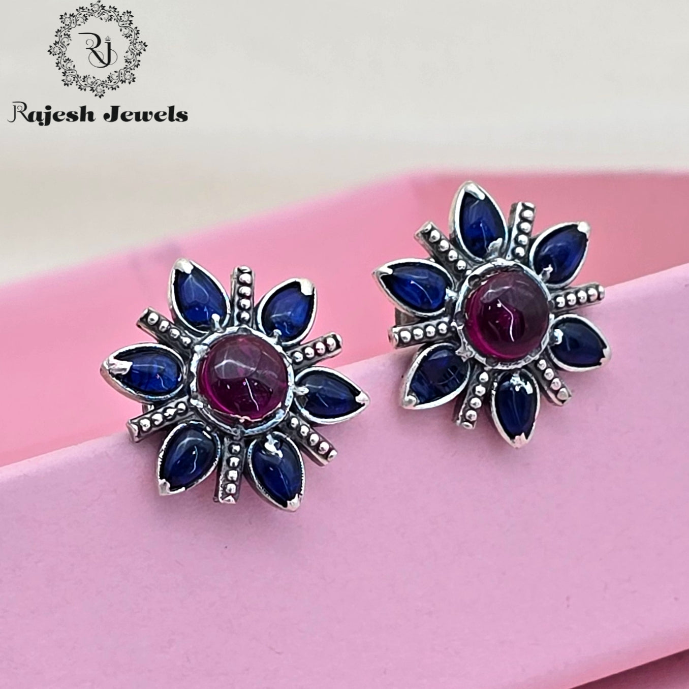 Floral Blue Red Silver Studs
