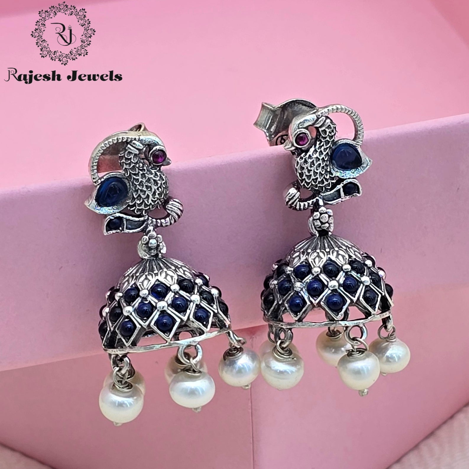 Nakshi Blue Silver Jhumka Earrings