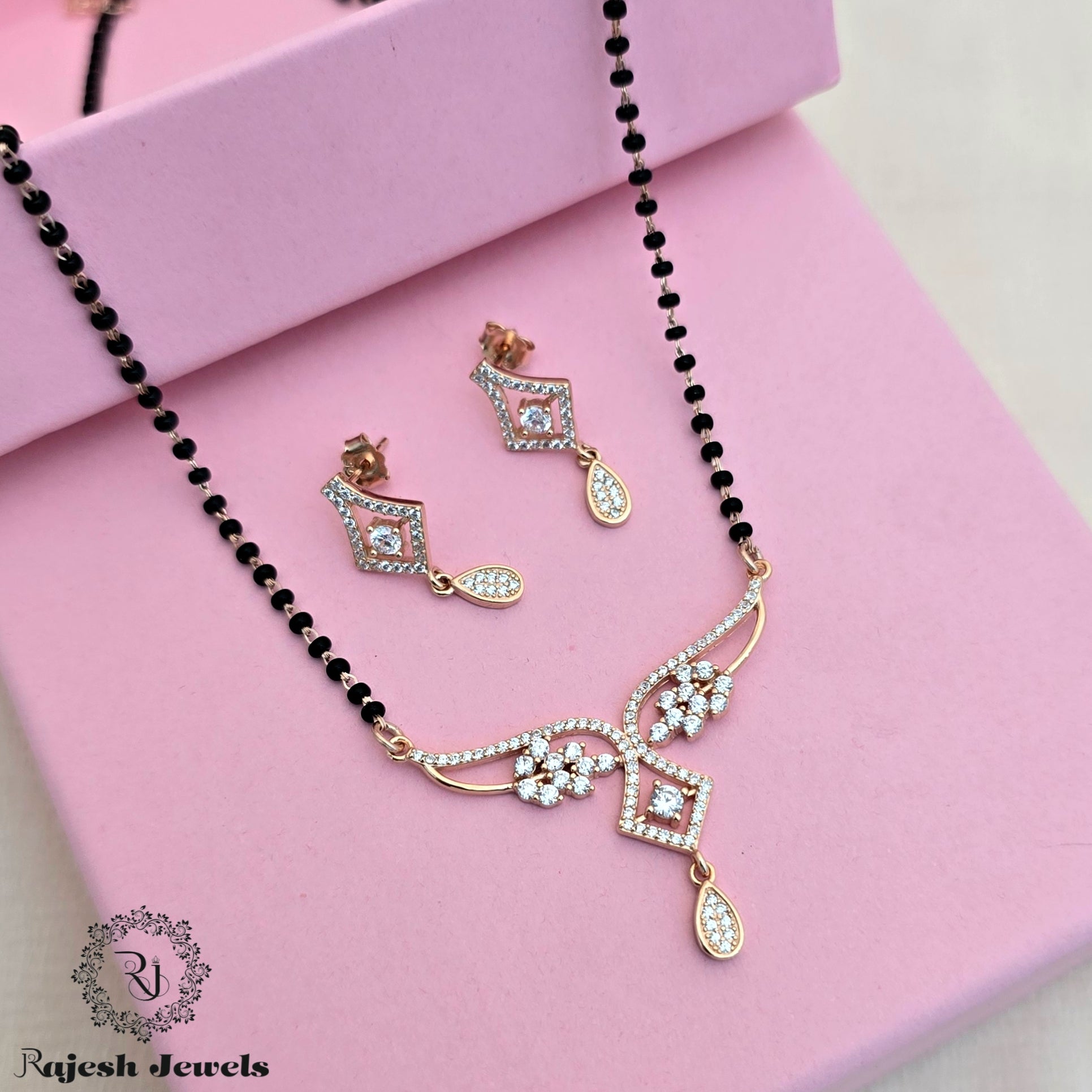 Stylish Rosegold Black Beads Mangalsutra