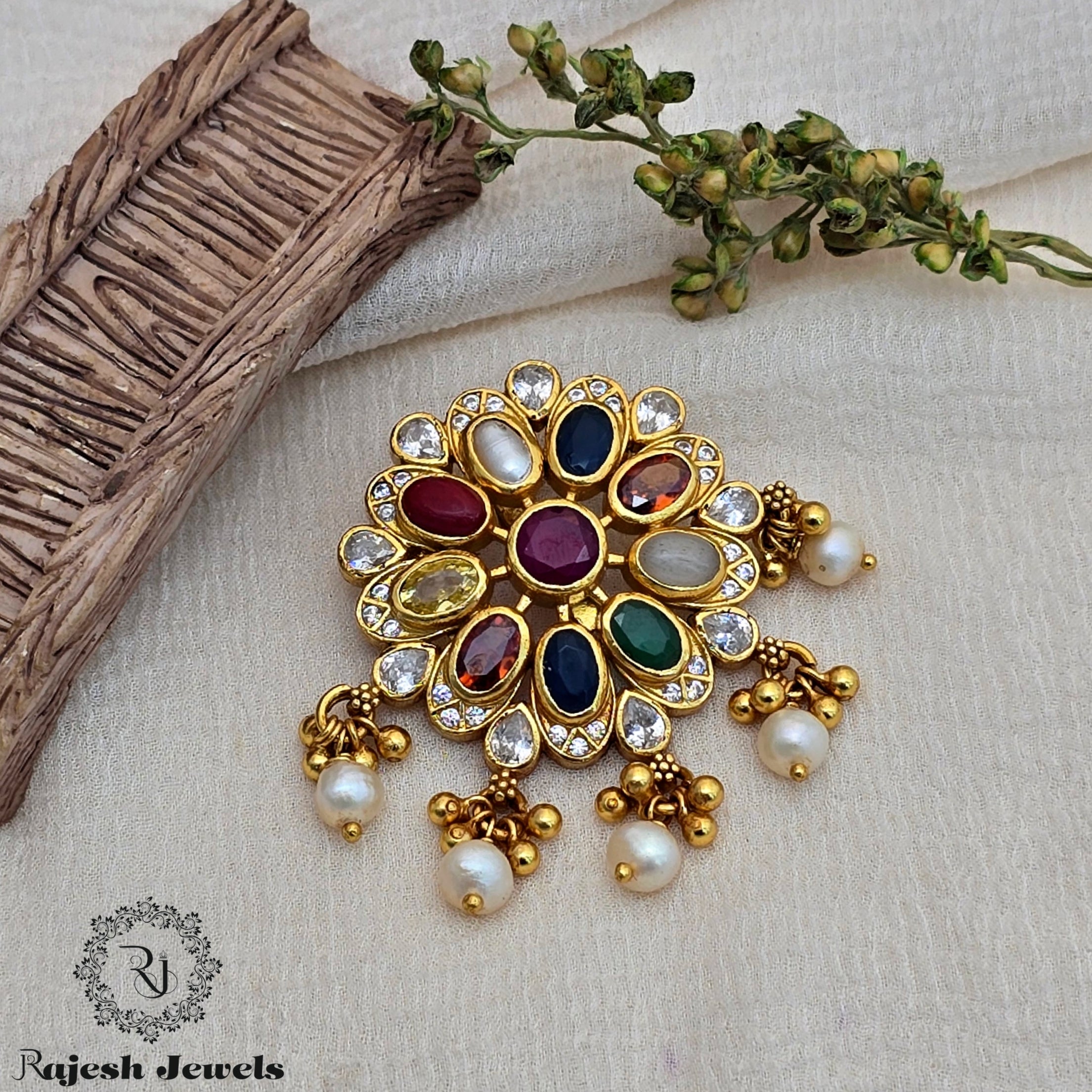 Navarathna Floral Silver Gold Plated Pendant