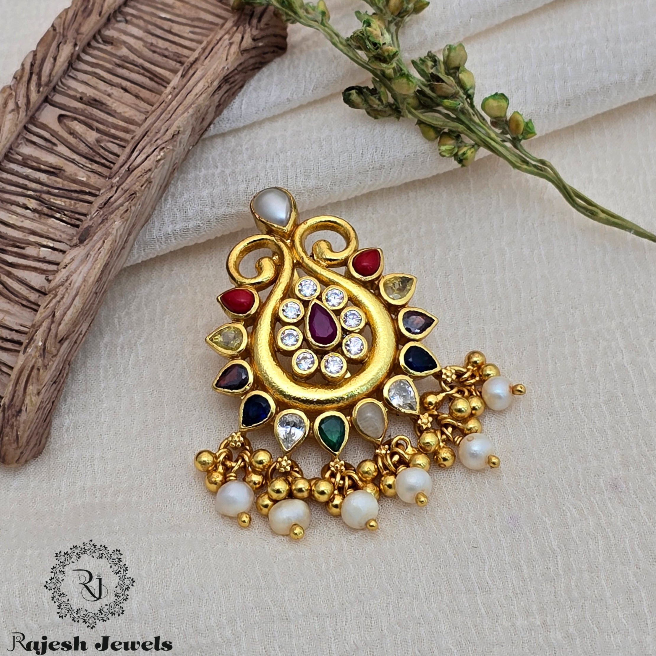 Teardrop Shaped Navratan Silver Pendant