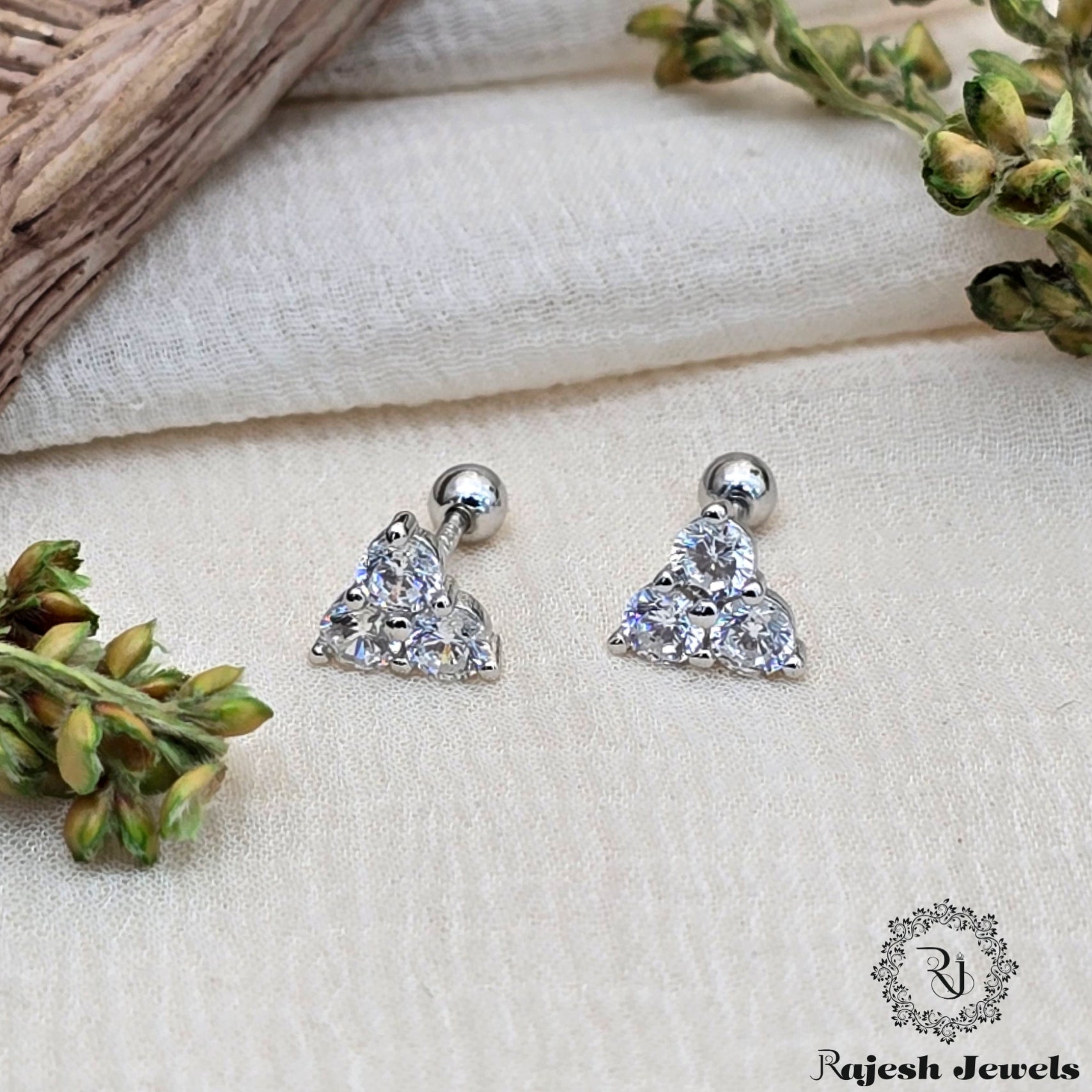Triangular Cz Silver Stud Earrings
