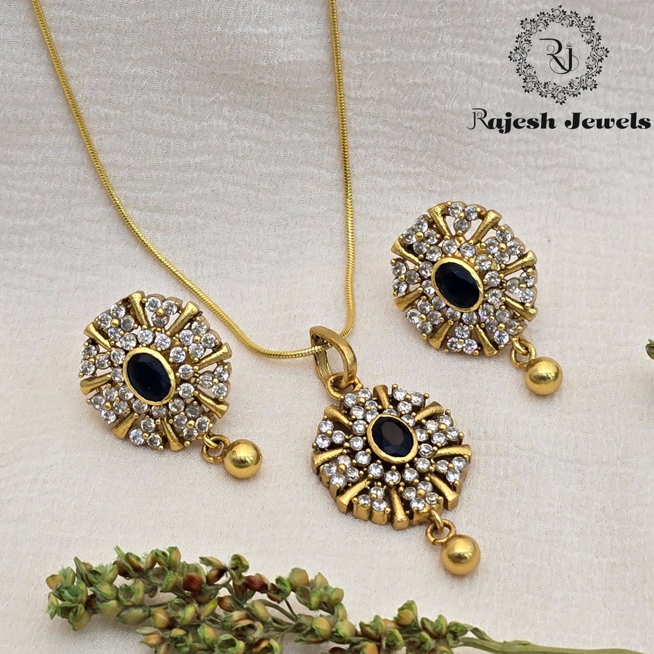 Sparkling Blue Cz Silver Gold Plated Pendant Set
