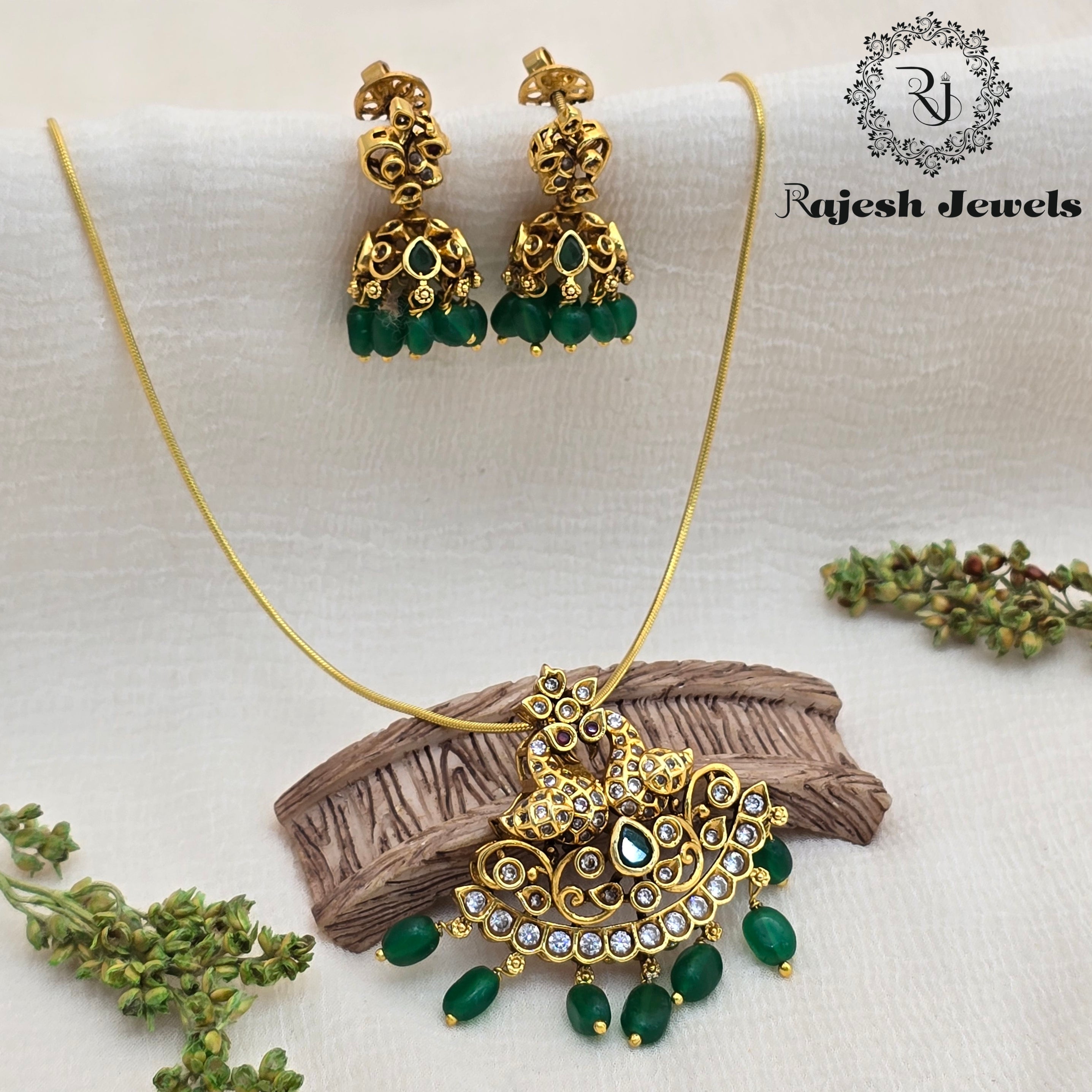 Graceful Green Peacock Gold Plated Pendant Set