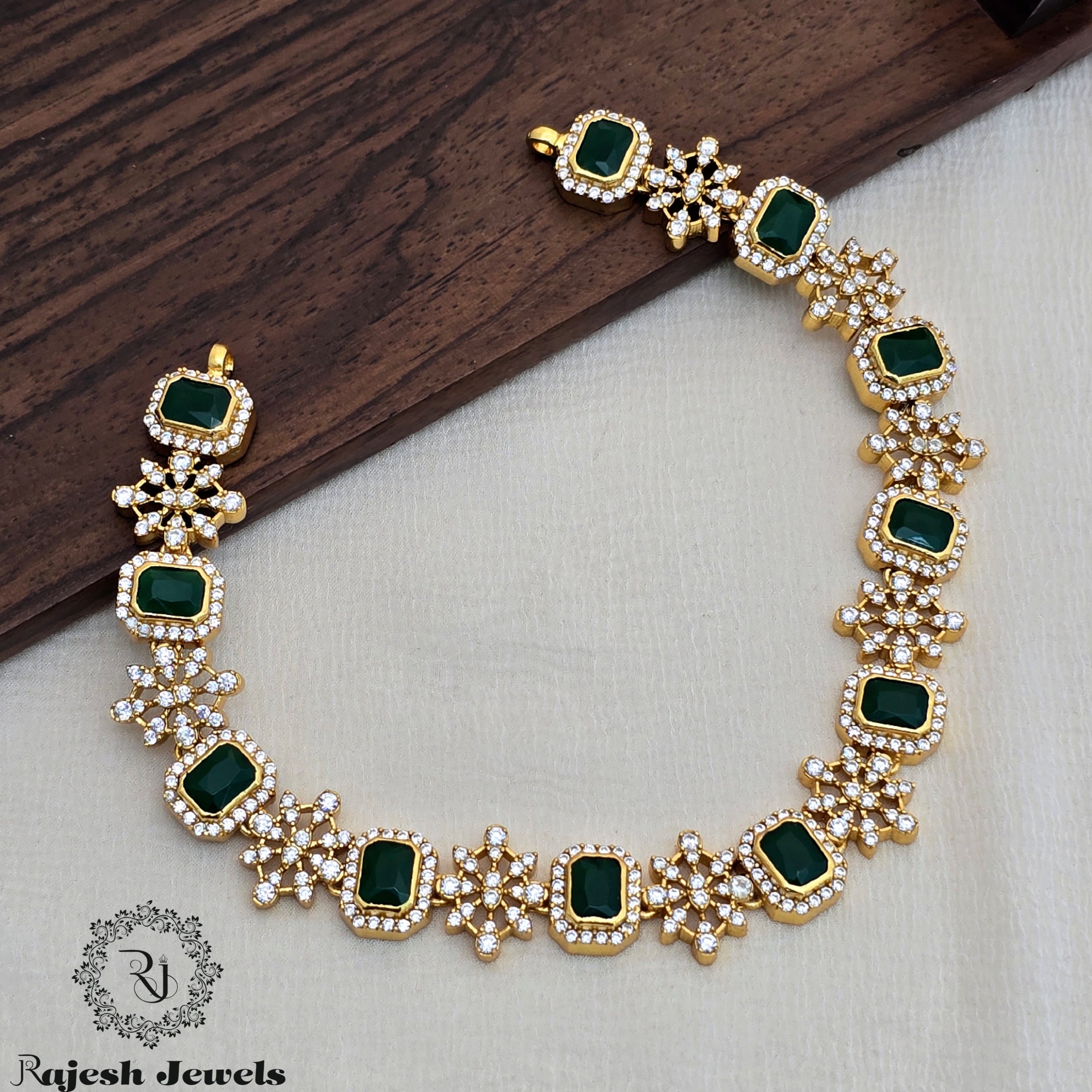 Graceful Green Cz  Silver Gold Plated Neckpiece