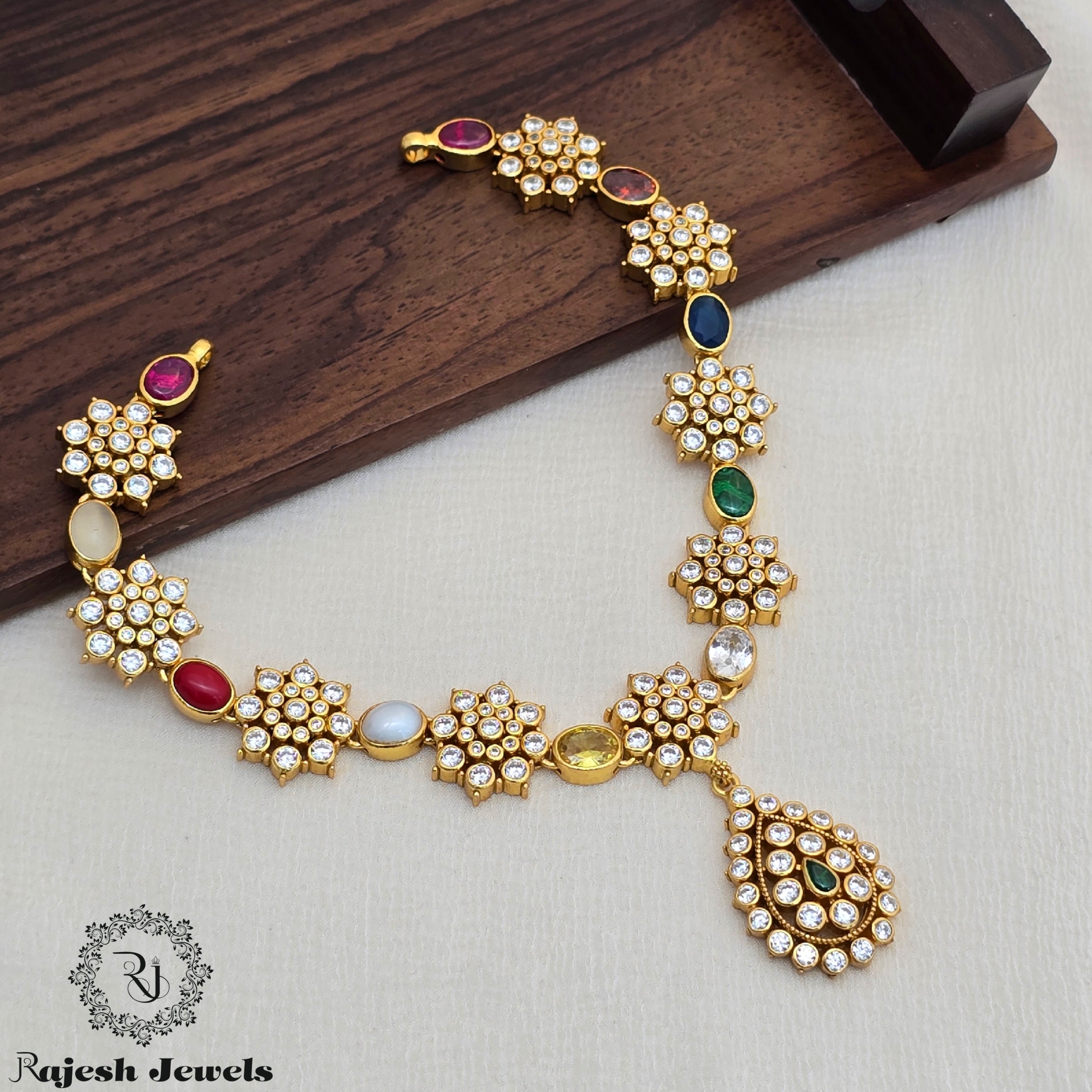 Mesmerizing Navrathan Silver Gold Plated Neckpiece