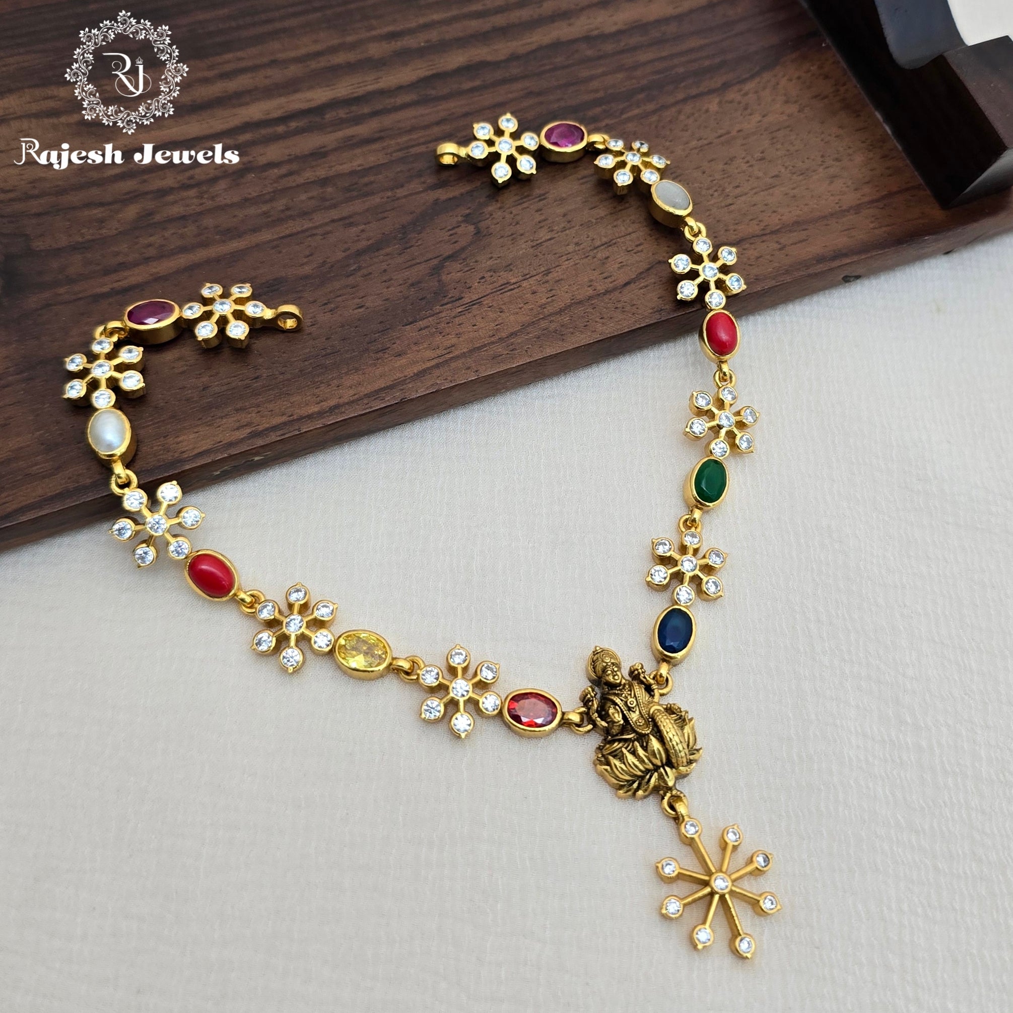 Elegant Navarathna Lakshmi Silver Gold Plated Necklace