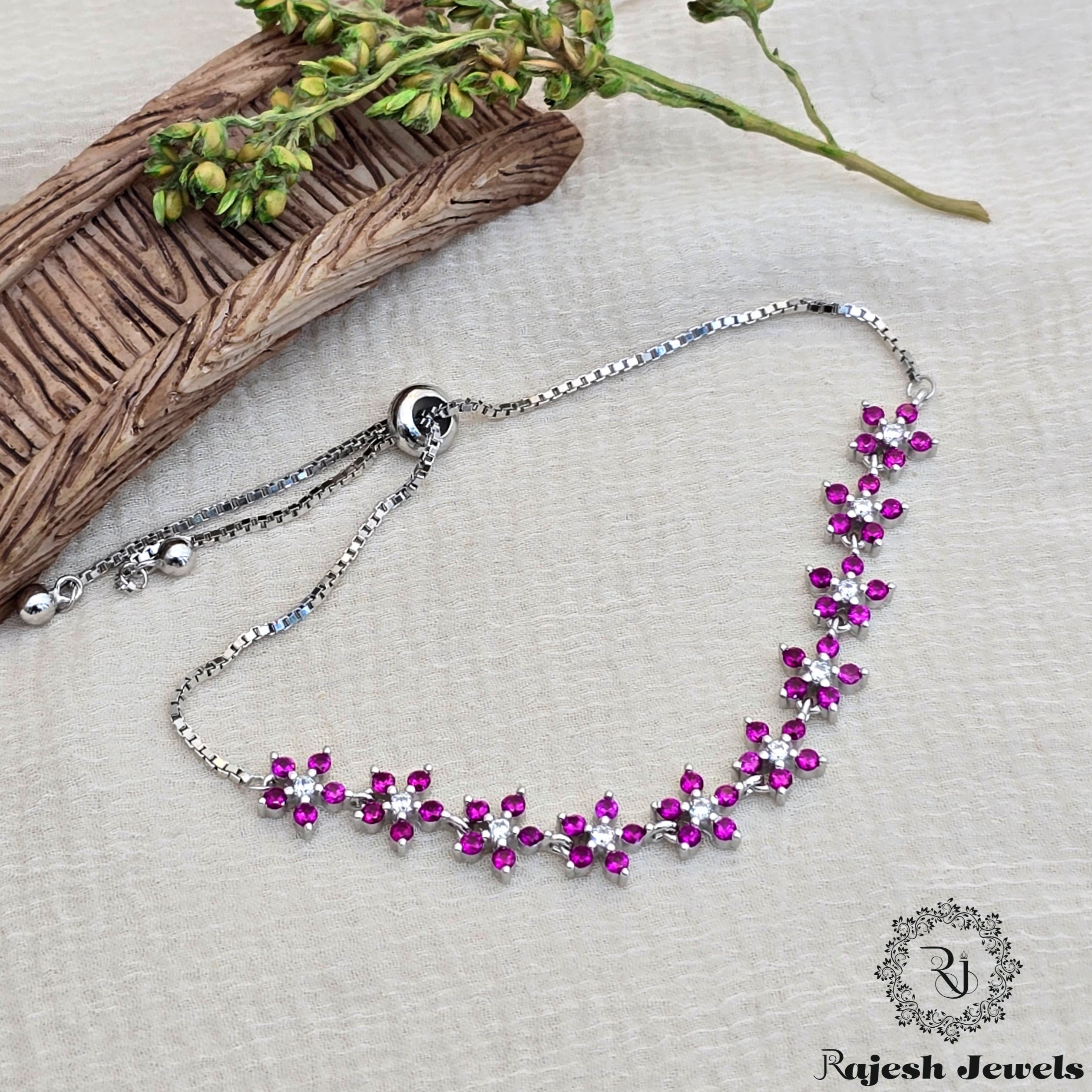 Pretty Floral Cz Adjustable Silver Ladies Bracelet