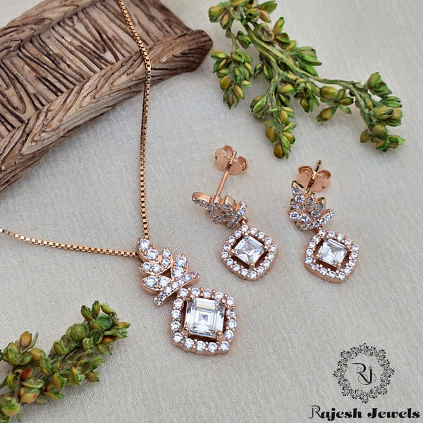 Shiny Silver Cz Rosegold Pendant Set