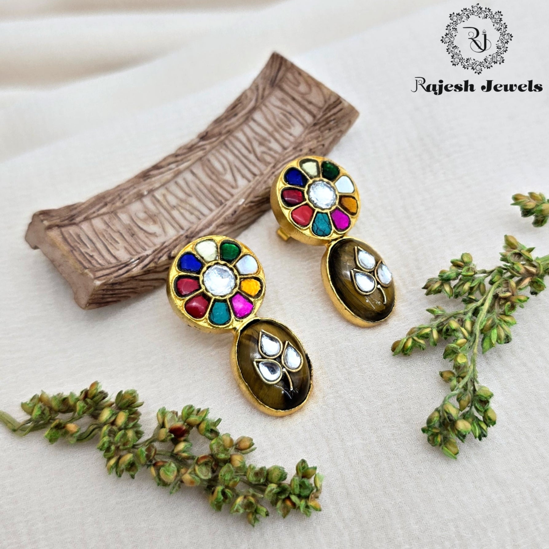 Multicolored Kundan Silver Gold Plated Earrings