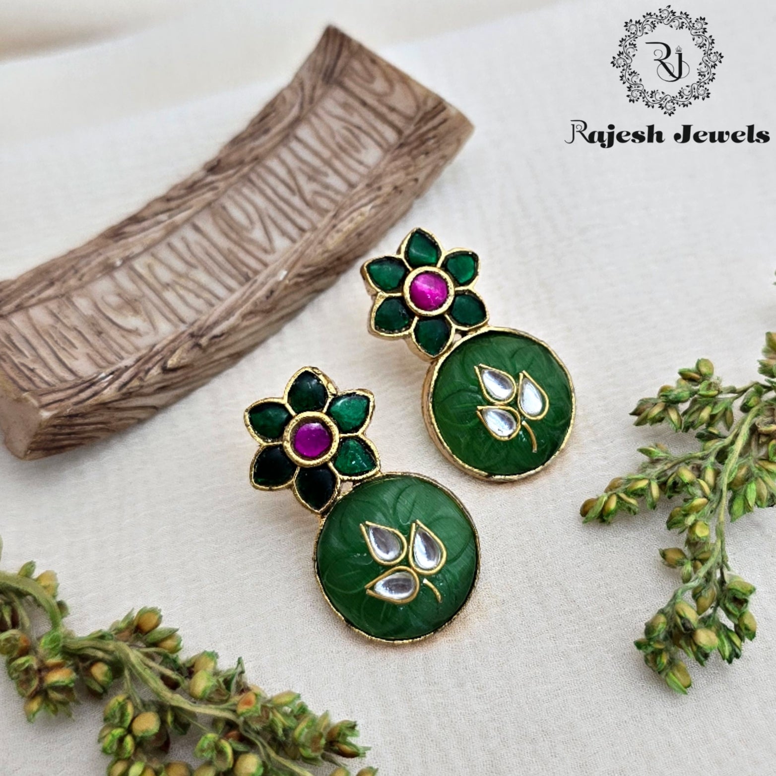 Floral Green Silver Gold Plated Earrings