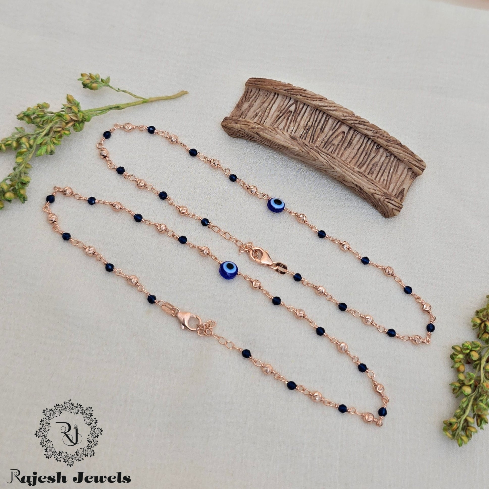 Fusion Evil Eye Rosegold Blackbead Anklet