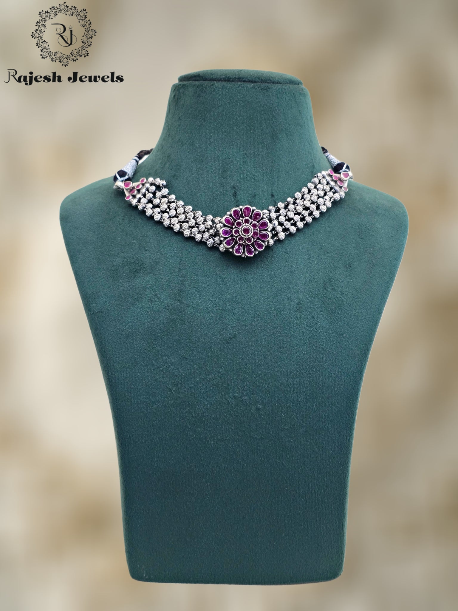 Shimmering Floral Oxidised Choker Neckpiece